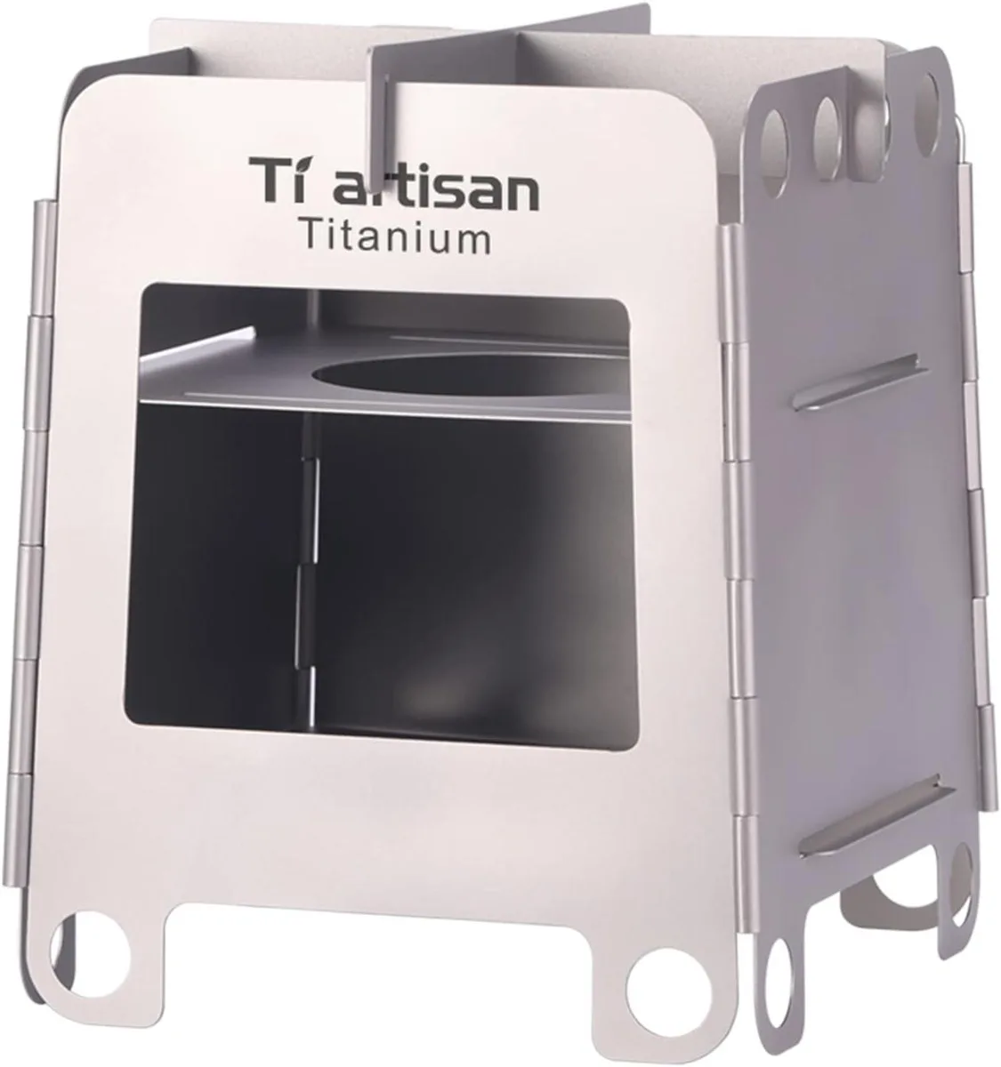 Foldable titanium wood stove with wide mouth and bottom vents, silver metal finish