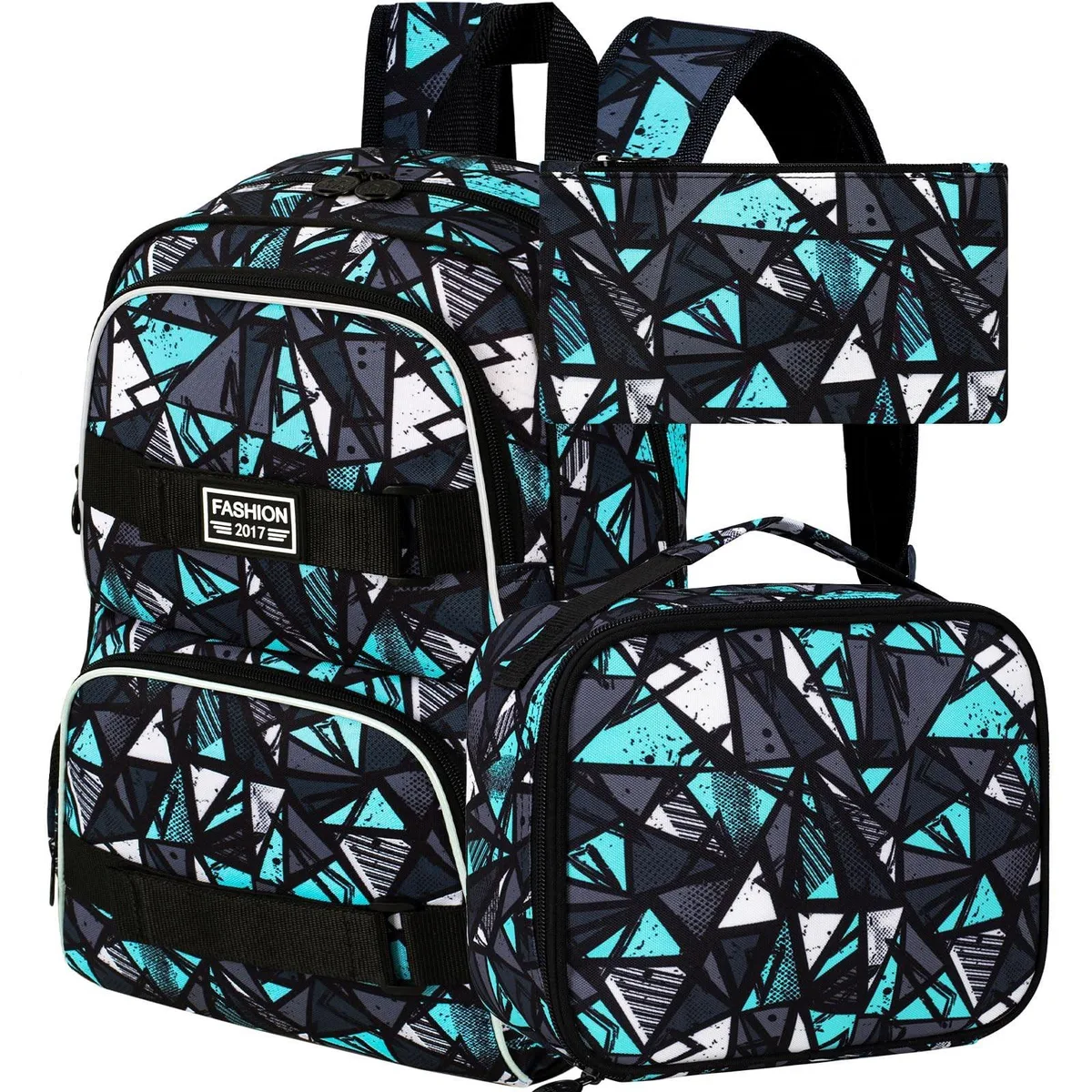 Green 17-inch backpack with lunch box and pencil bag, graffiti print, reflective strips, double buckles