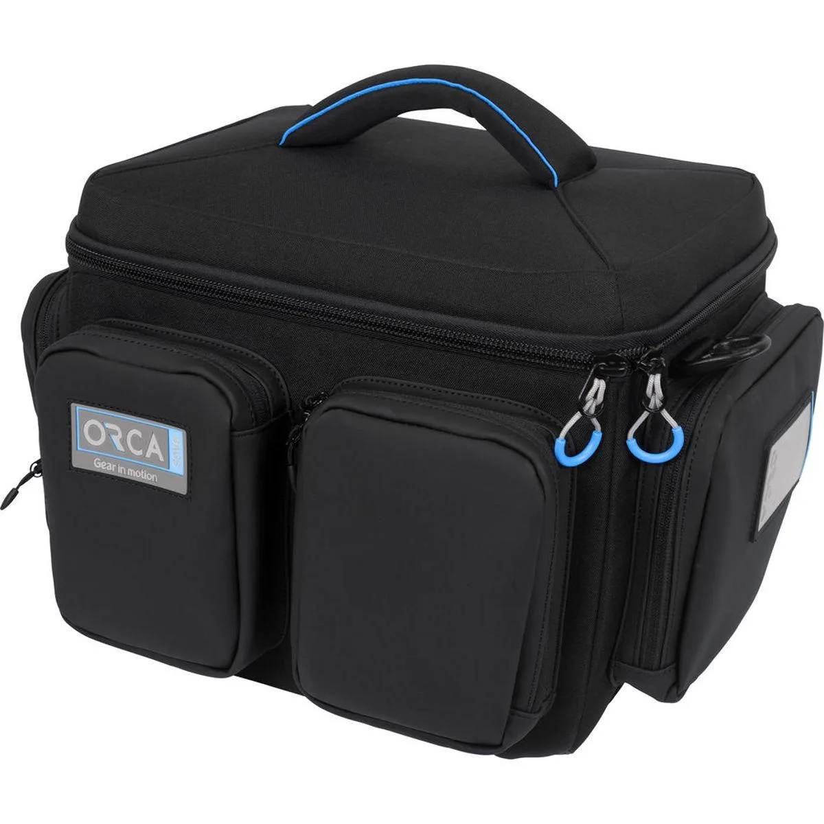 Black nylon camera bag with padded shoulder strap, handle and external pockets