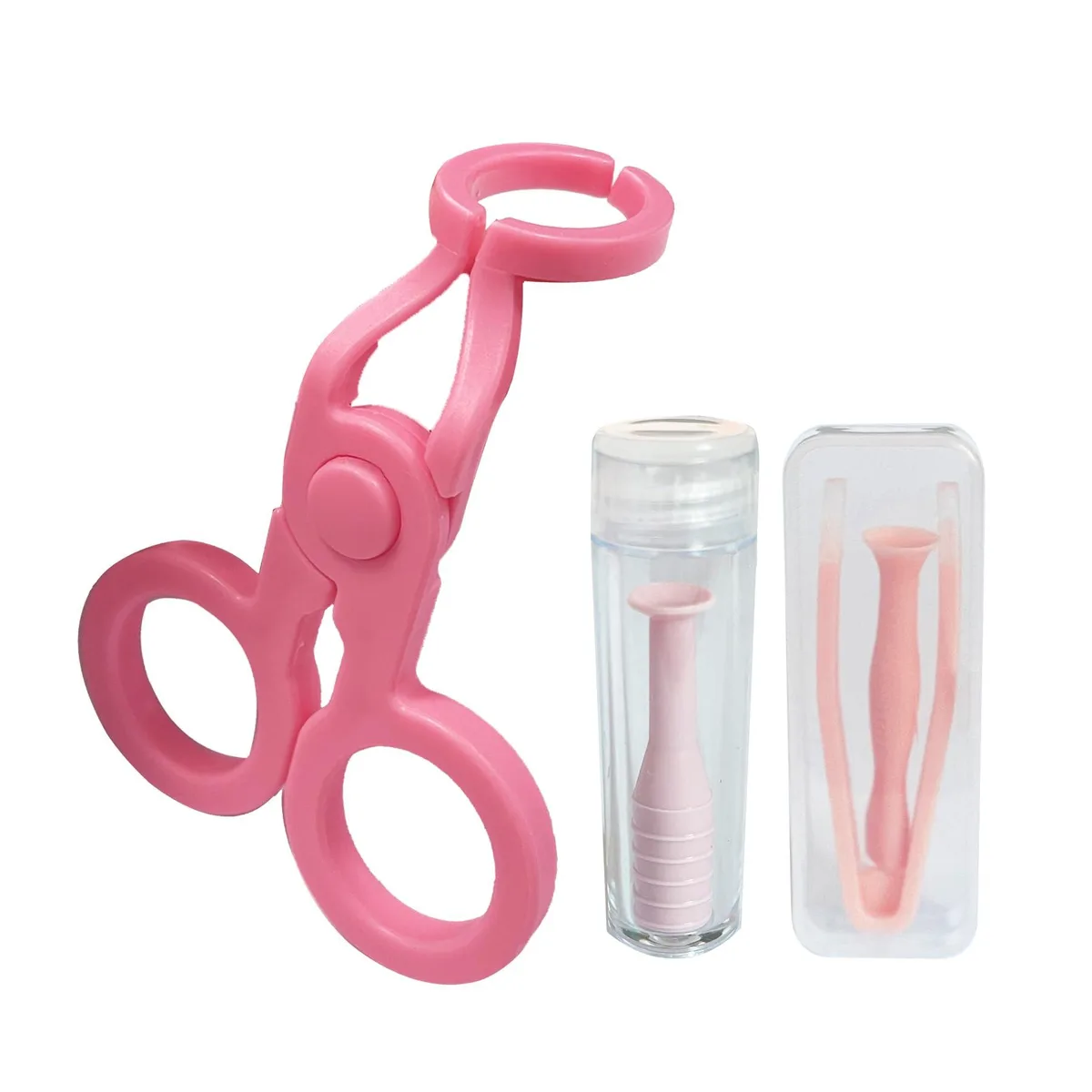 White plastic two-piece contact lens tool set in a compact case