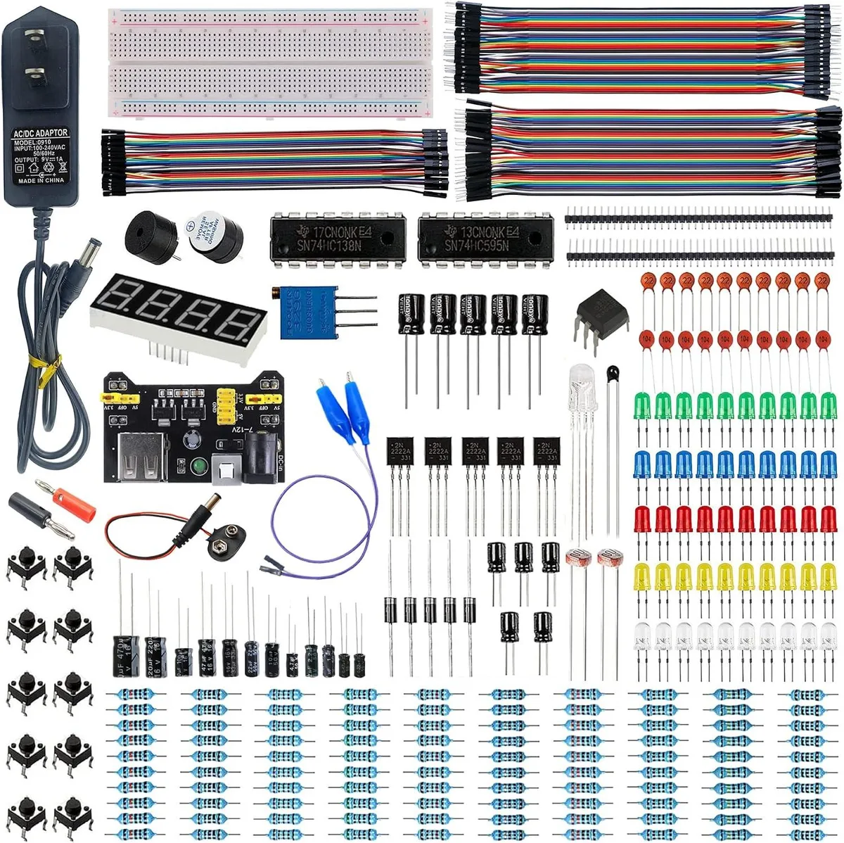 MCDODO MCDODO Electronics Fun Kit 830 Breadboard Power Module 9V 1A 3.3V 5V 12 Cap 10 Res 32 Component — product photo