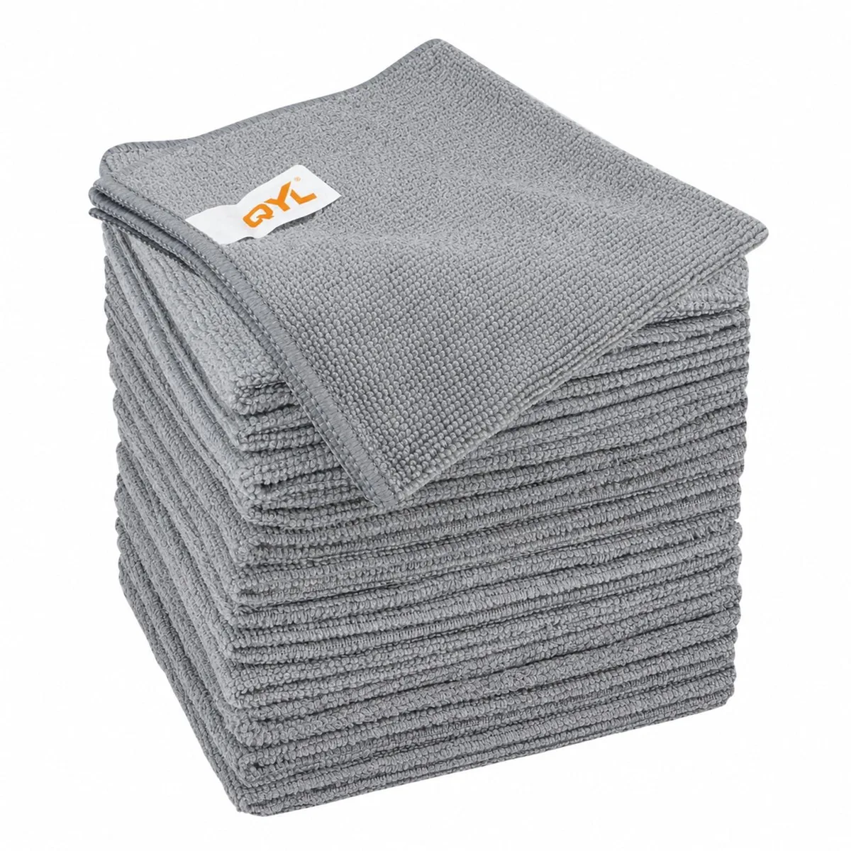 Twelve grey microfiber cloths stacked in a bag