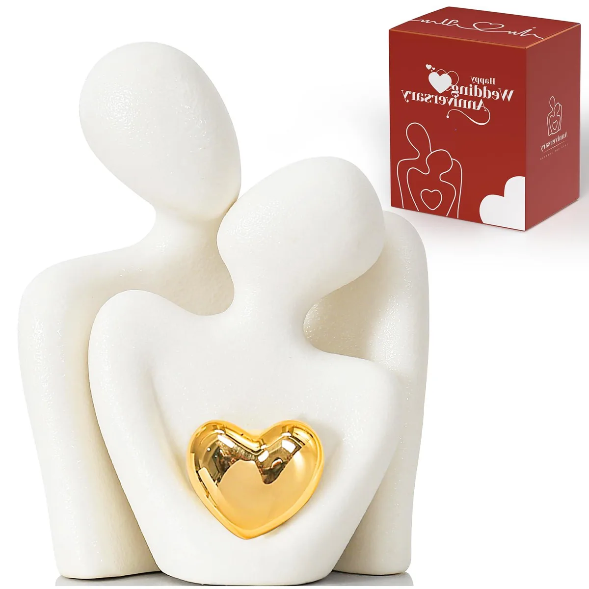 Red abstract couple statue, 8.66 inches tall, gold heart centerpiece