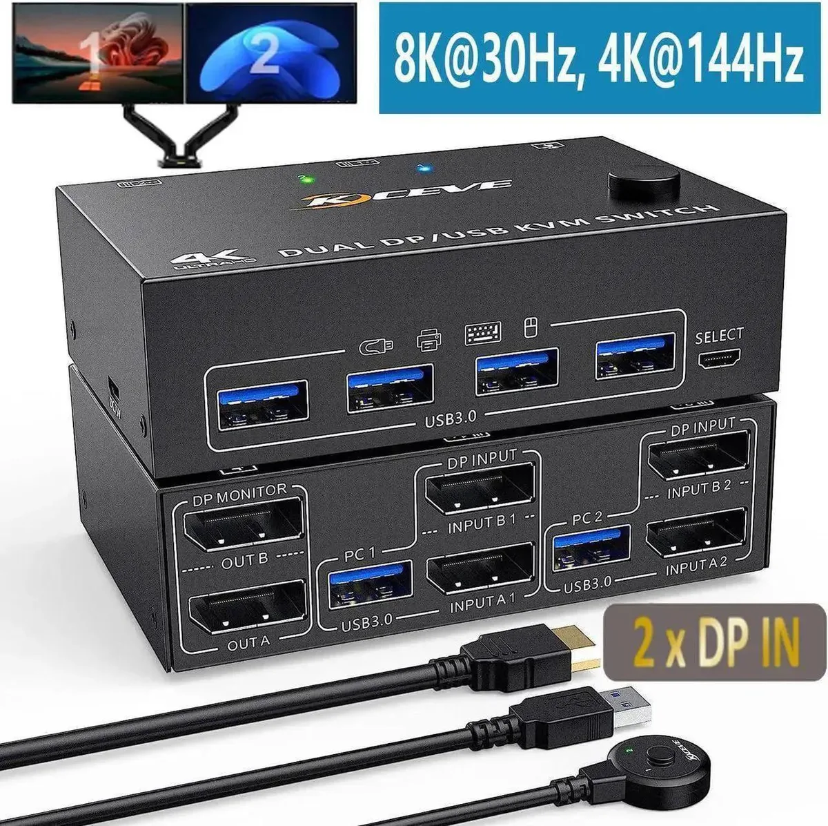 Vszerda Vszerda Dual Monitor DP 1.4 KVM Switch 2×2 8K30 4K144 4×USB 3.0 Wired Remote — product photo