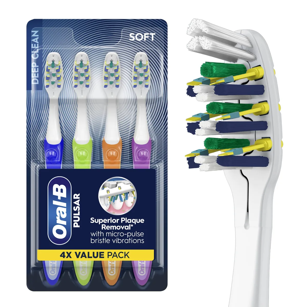 Four soft-bristle vibrating toothbrushes in assorted colours, battery included