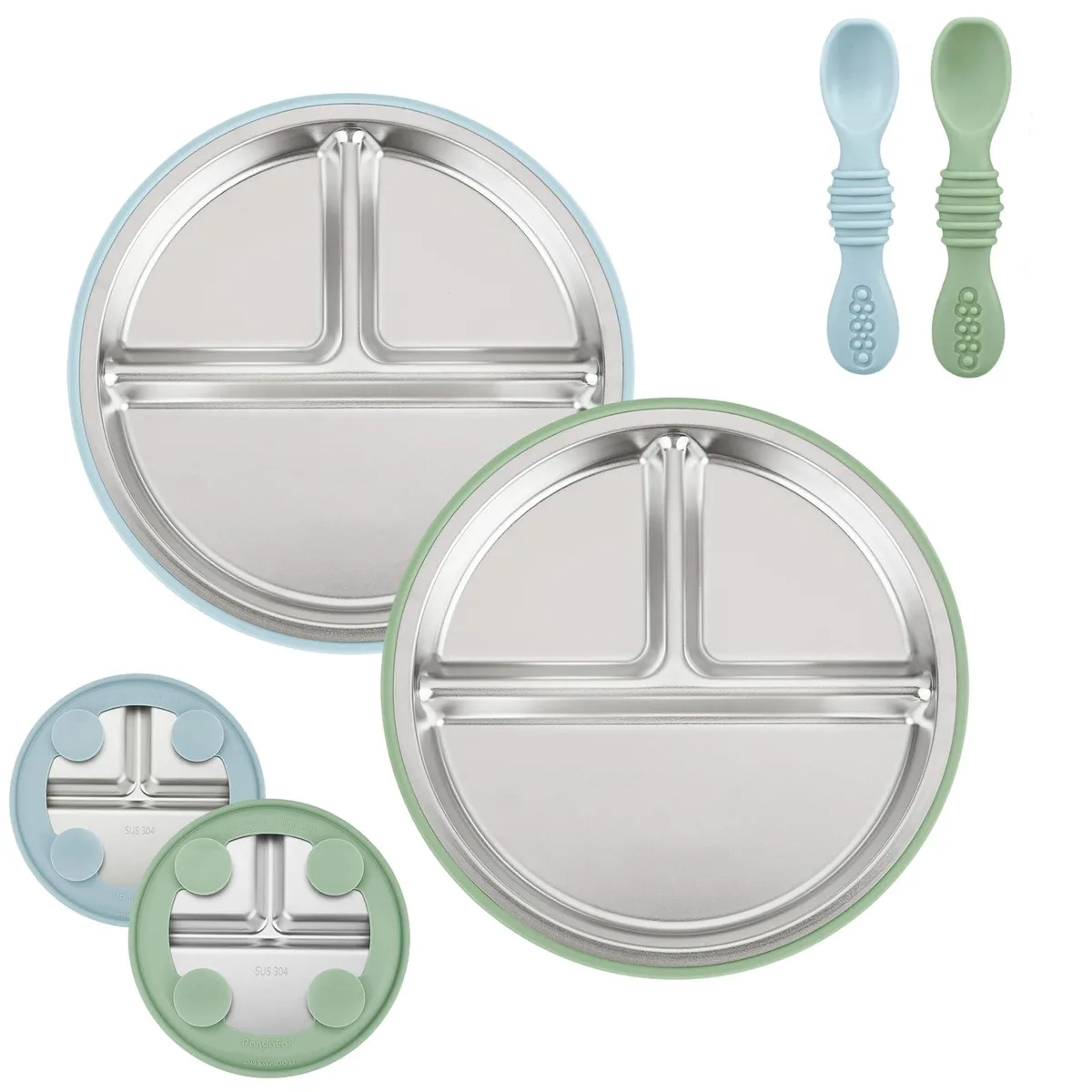 PandaEar Stainless Steel Baby Feeding Set 8 Piece Blue/Green — product photo