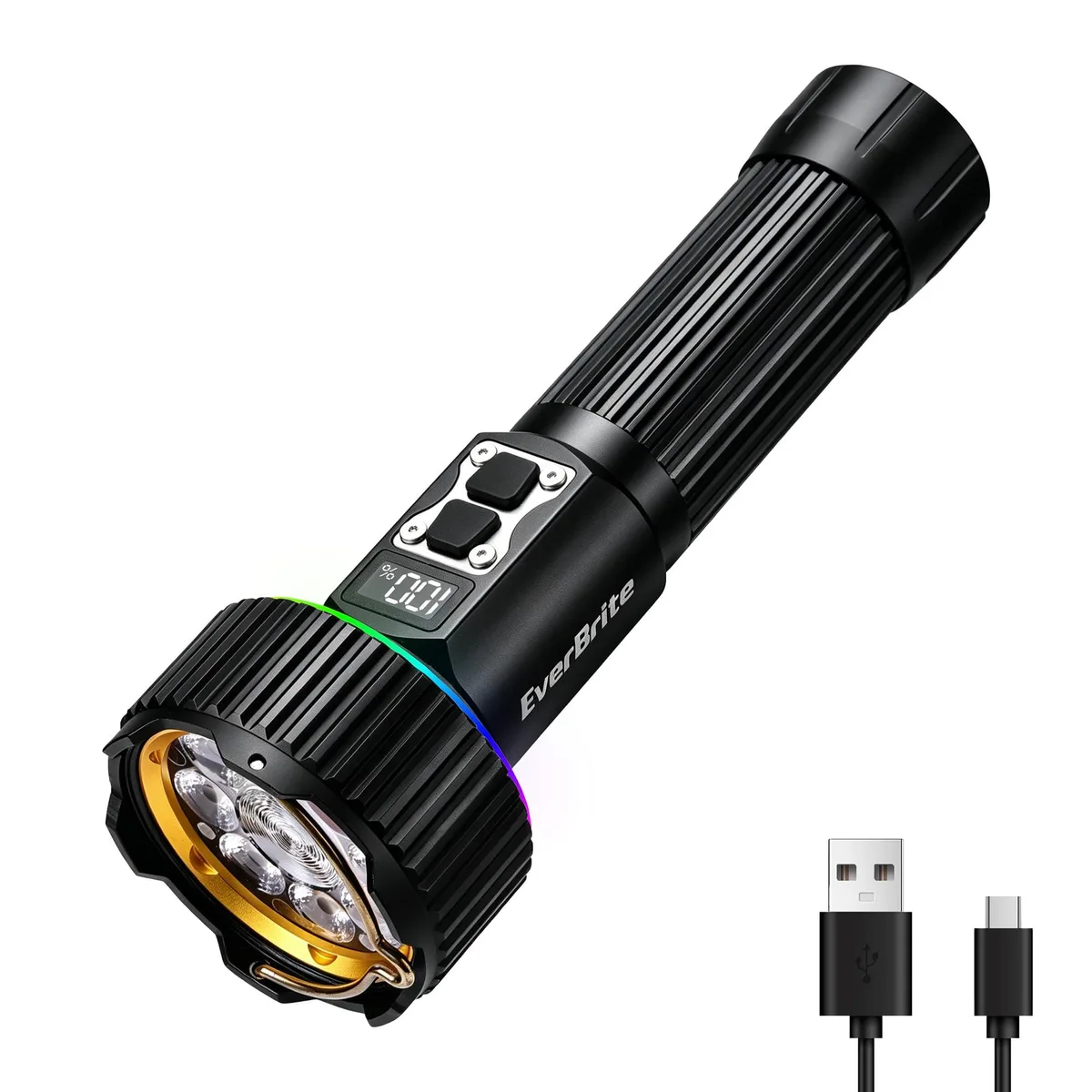 Cylindrical aluminium flashlight with digital display and side light panel