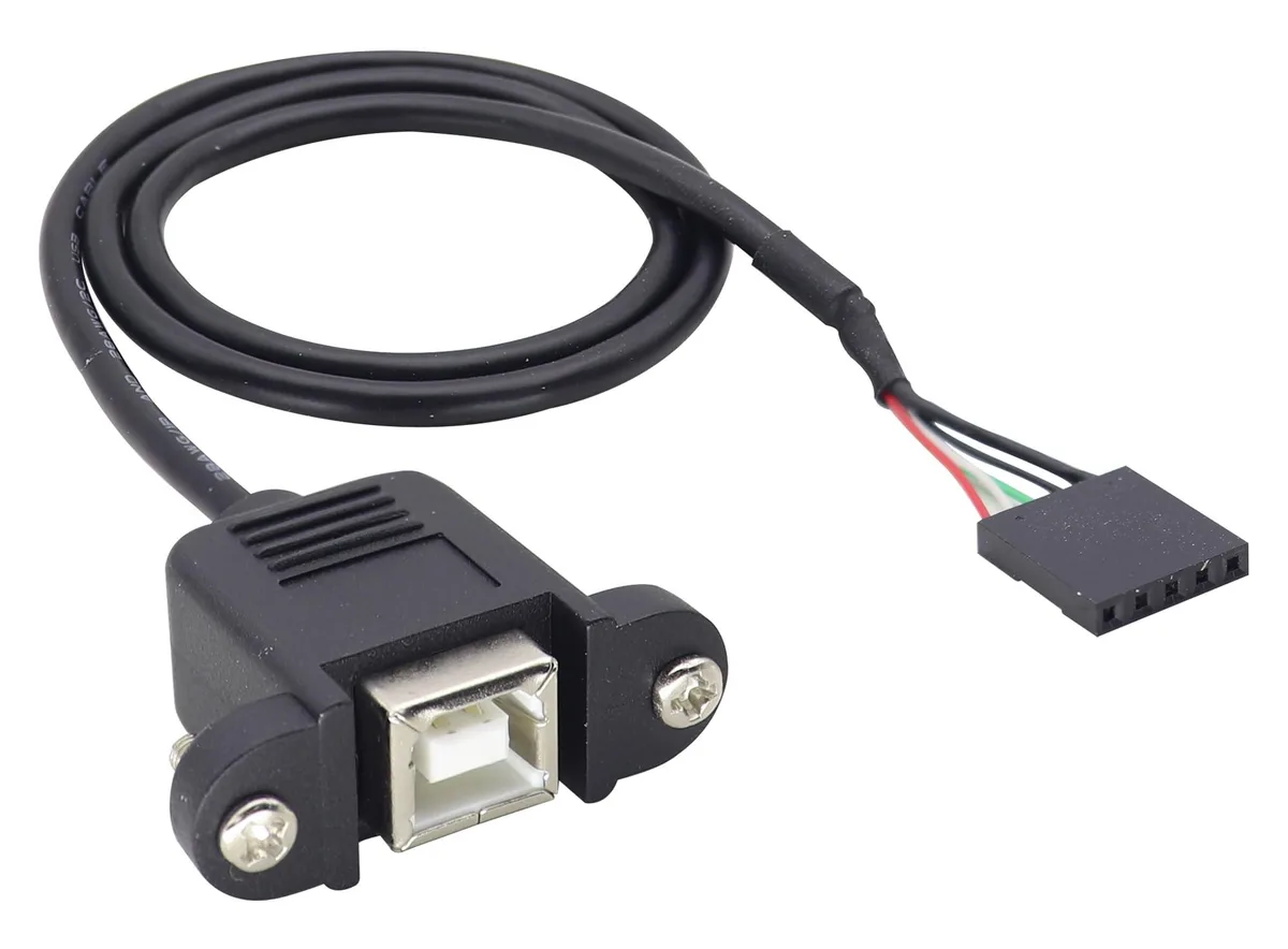 Black USB B panel-mount plug to 5-pin female Dupont header cable, 50 cm
