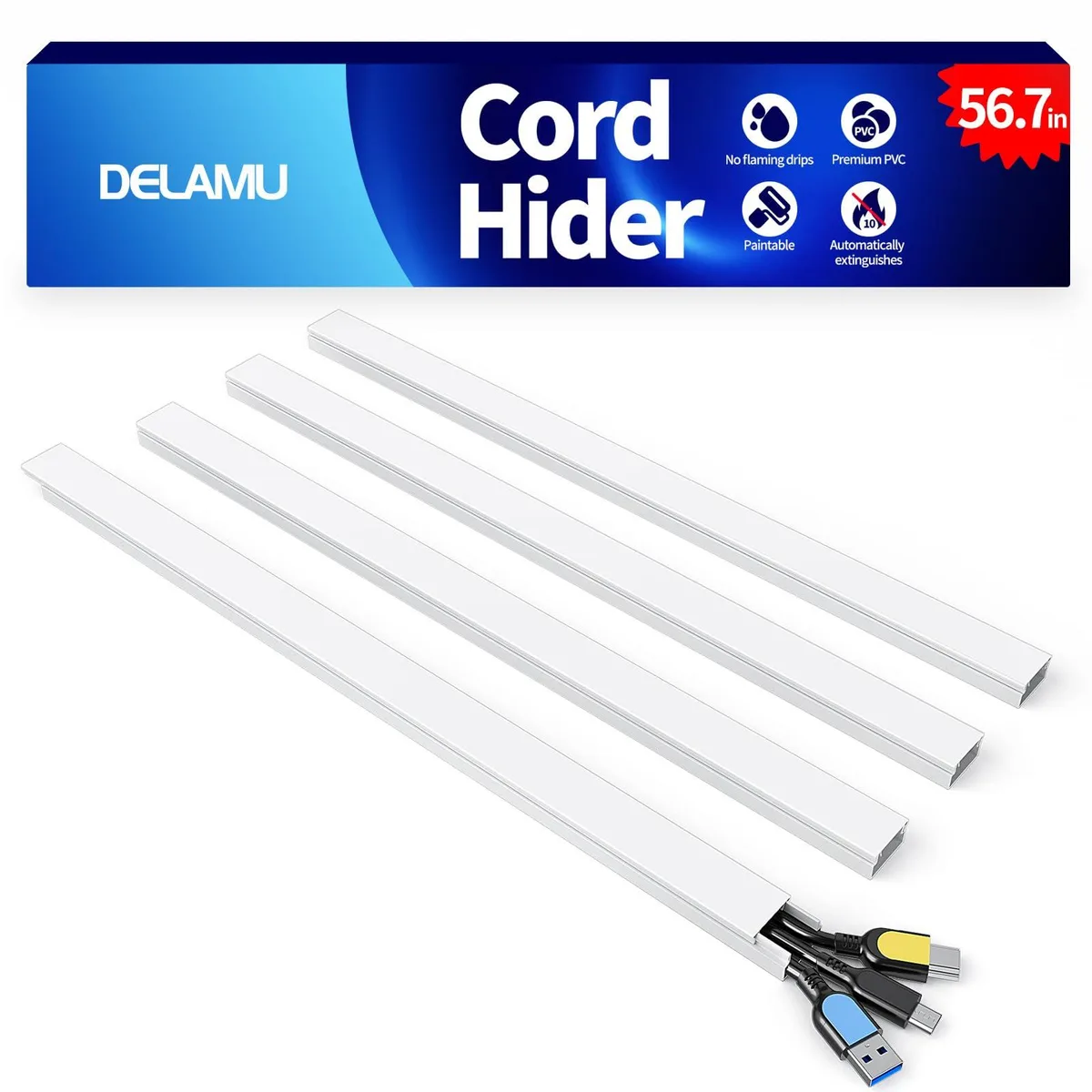  Delamu 56.7in Self-Adhesive Cord Cover White W0.95 x H0.55in — product photo