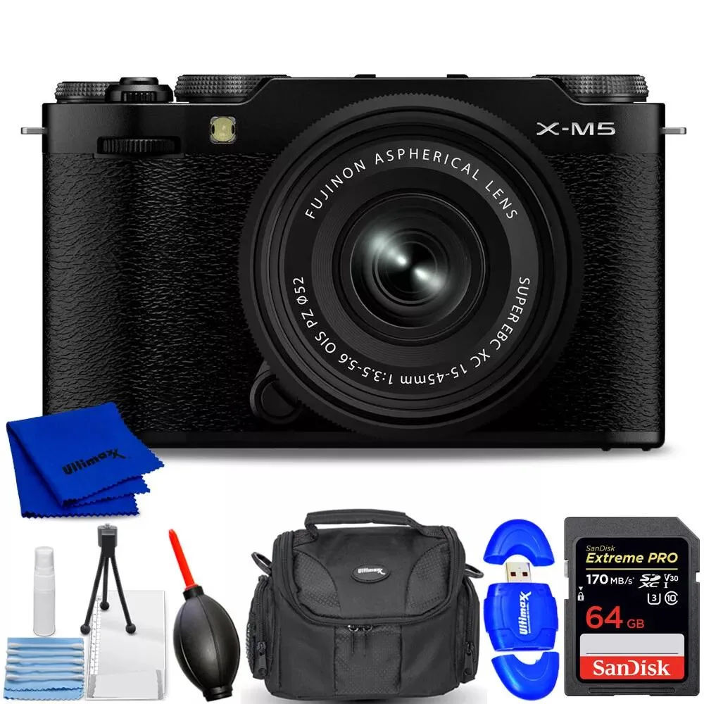 FUJIFILM FUJIFILM X-M5 compact mirrorless camera with XC 15-45mm f/3.5-5.6 lens black bundle — product photo