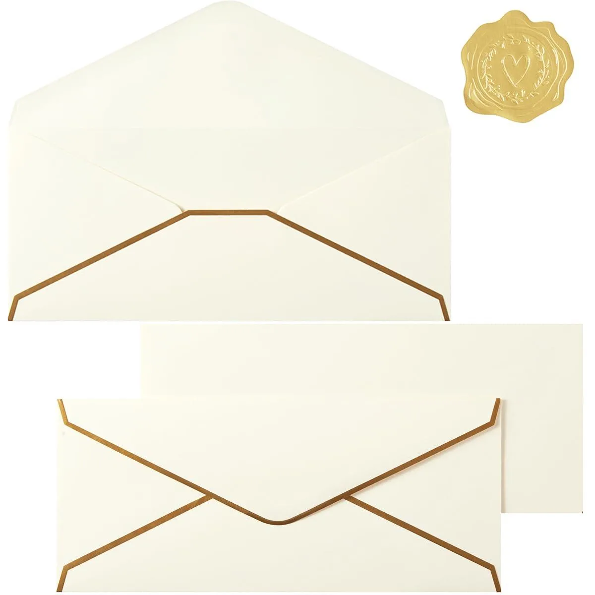 Stack of 30 cream #10 envelopes with 30 gold stickers