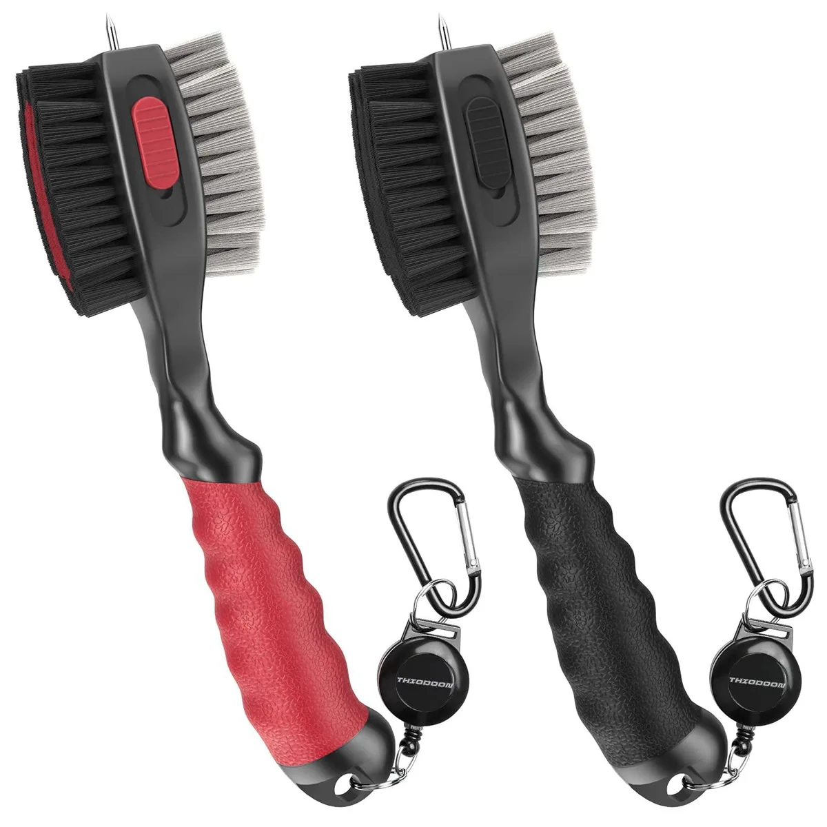 Two black and red golf club brushes with oversized heads, retractable groove cleaners, rubber handles, magnetic keychains