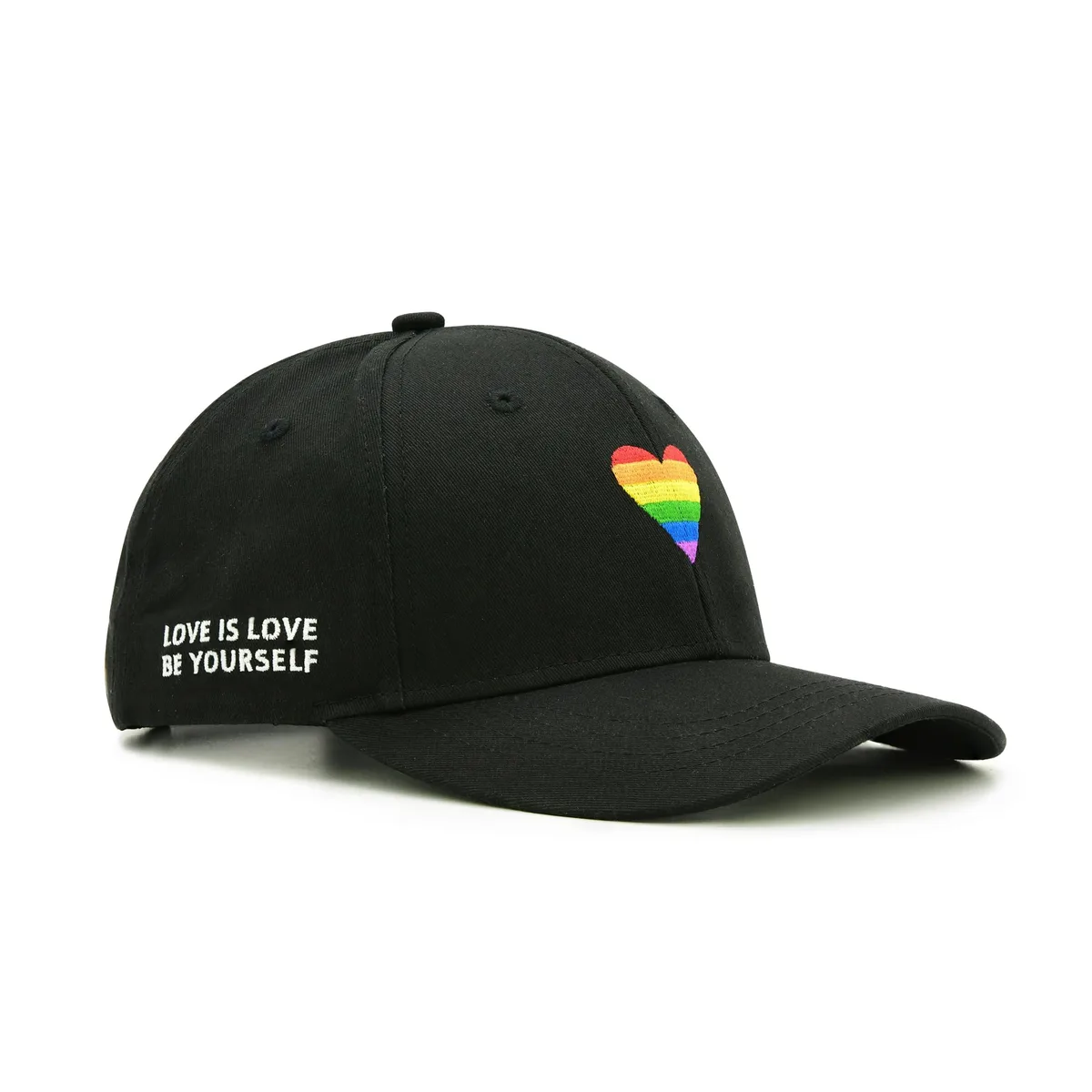  LGBT Pride Baseball Cap, Embroidered Rainbow Heart, Adjustable, Black — product photo