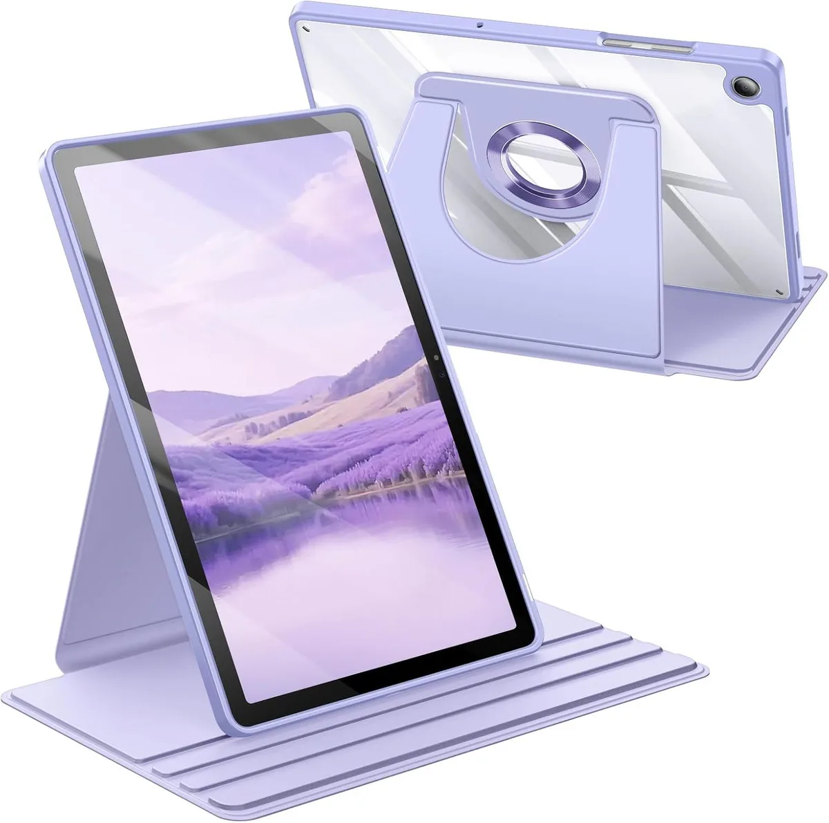 Purple tablet case with 360° rotating stand, clear back and TPU bumper