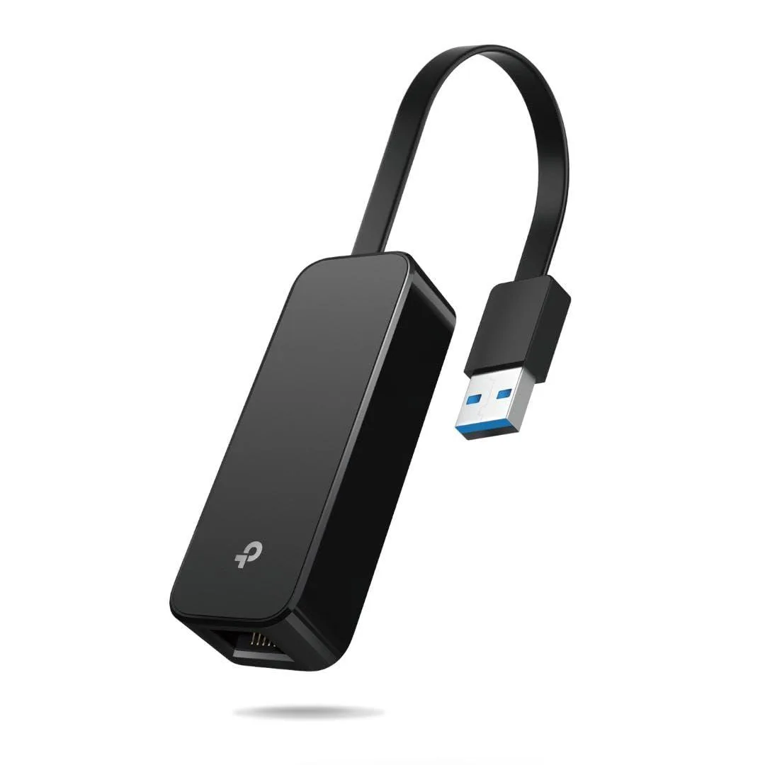 Small black rectangular USB 3.0 to Gigabit Ethernet adapter with foldable RJ45 port