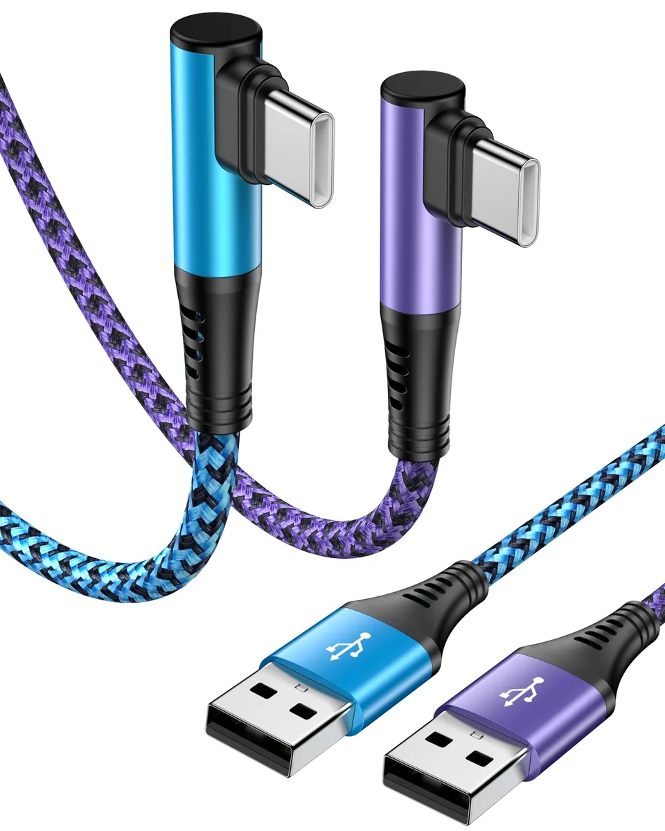 Two six-foot braided USB-A to right-angle USB-C cables in blue and purple