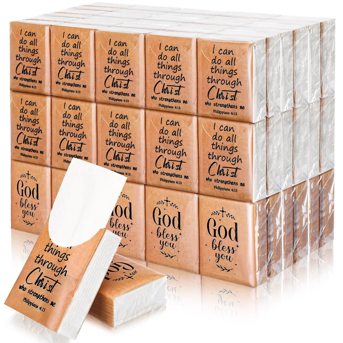 Fifty small tissue packs in a rectangular box, each pack 2.8 by 2.2 by .98 inches, three-ply sheets with bible verse prints
