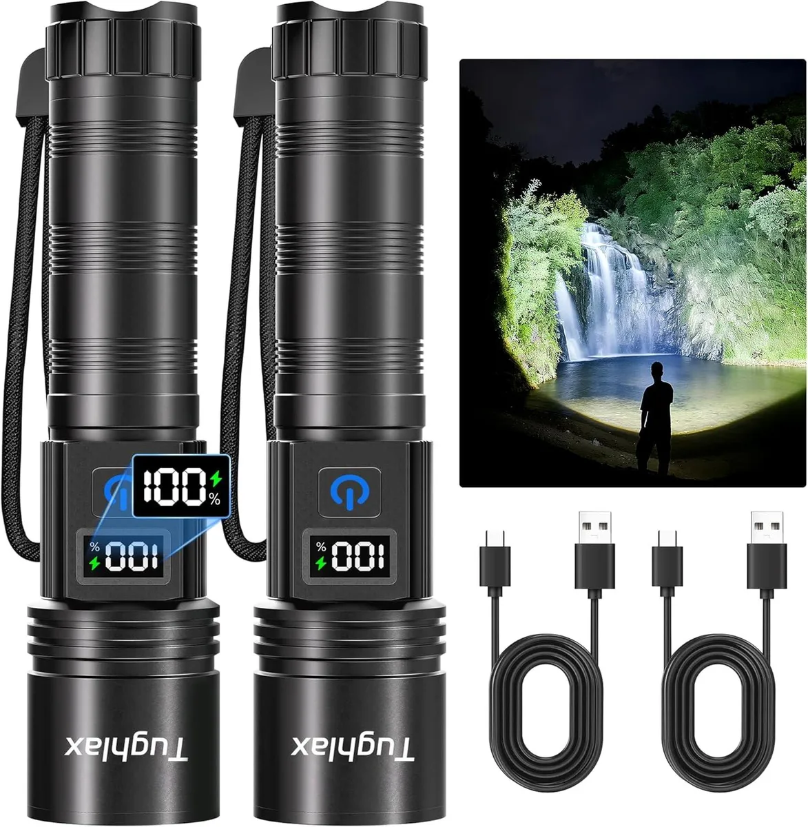 Two black aluminium flashlights with LCD displays and USB ports