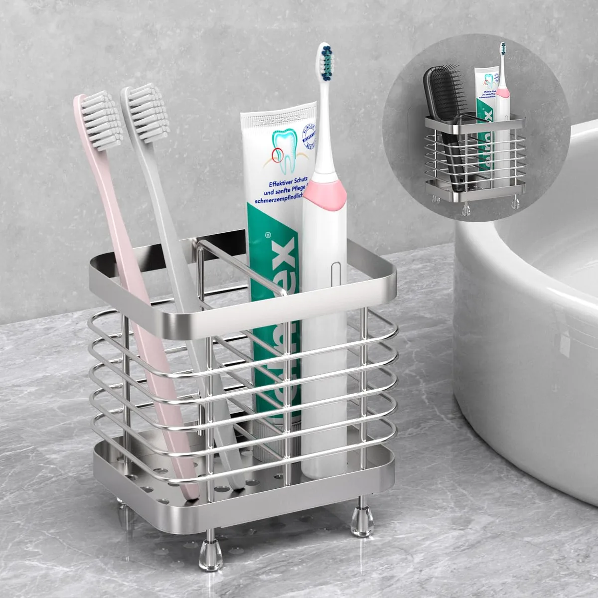 Silver 304 stainless steel toothbrush holder, two slots, polished finish, wall mount or countertop