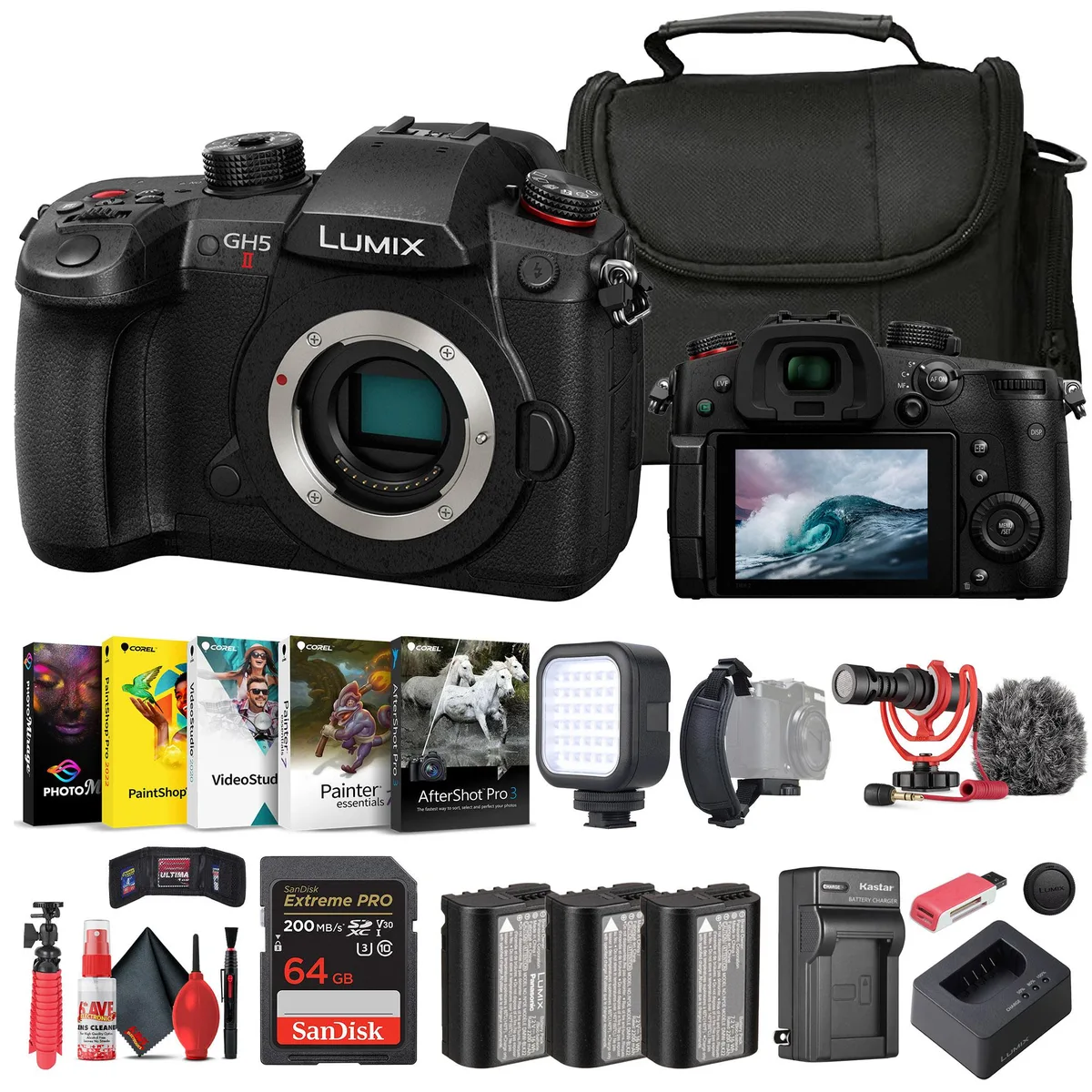 Panasonic Panasonic Lumix GH5 II 20.3MP Camera Kit 64GB Corel Rode 12in Tripod 2 Batts — product photo