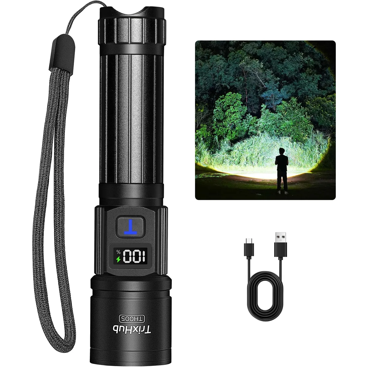 Cylindrical aluminium flashlight with adjustable focus, LCD battery display and USB-C charging