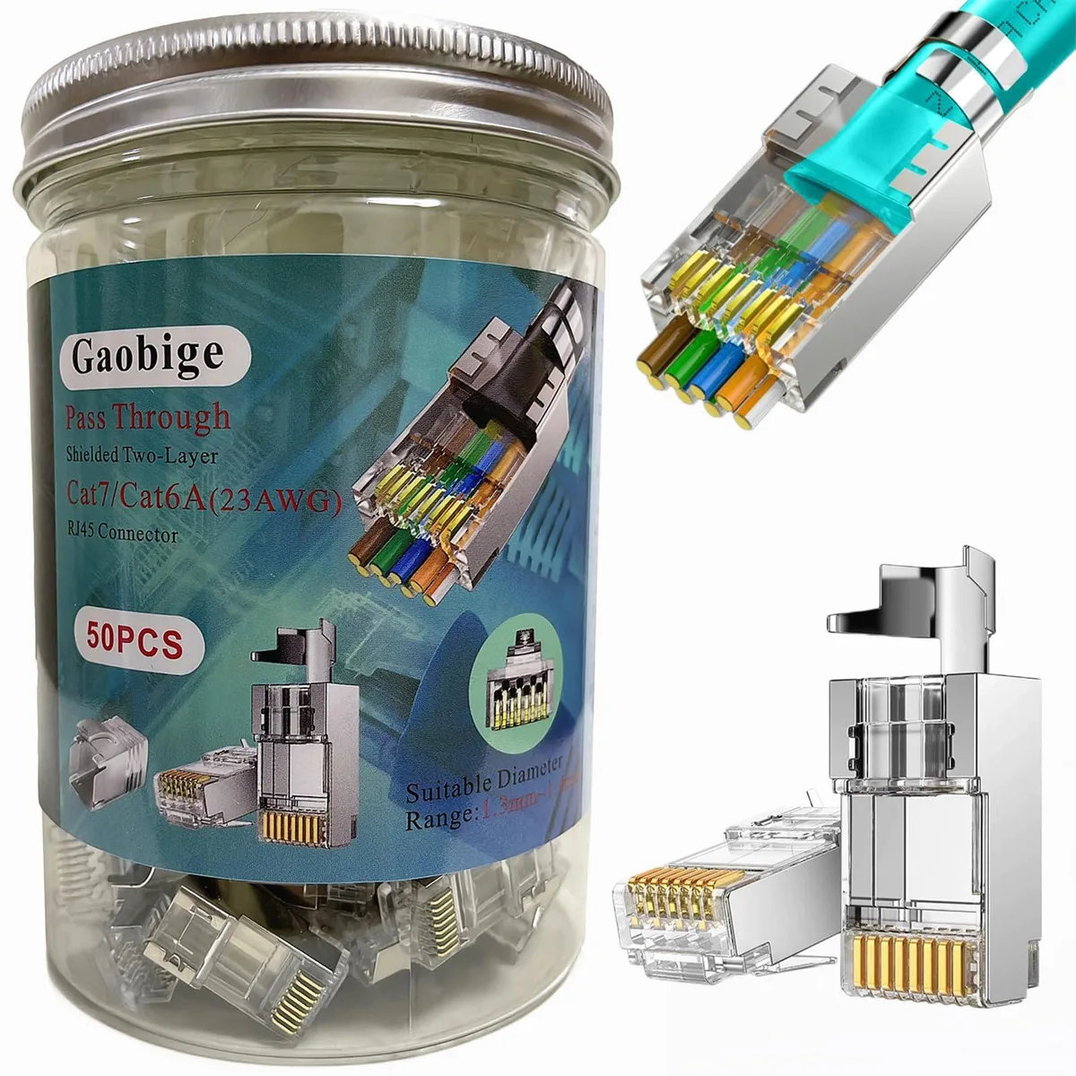 KEHIPI KEHIPI 50-Pack Cat7 Cat6A RJ45 Pass Through Connectors Shielded 23AWG Strain Relief Boots — product photo