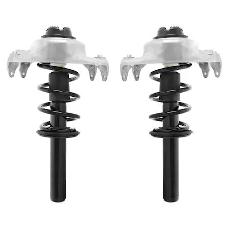 Two silver front strut assemblies with coil springs and top mounts side by side
