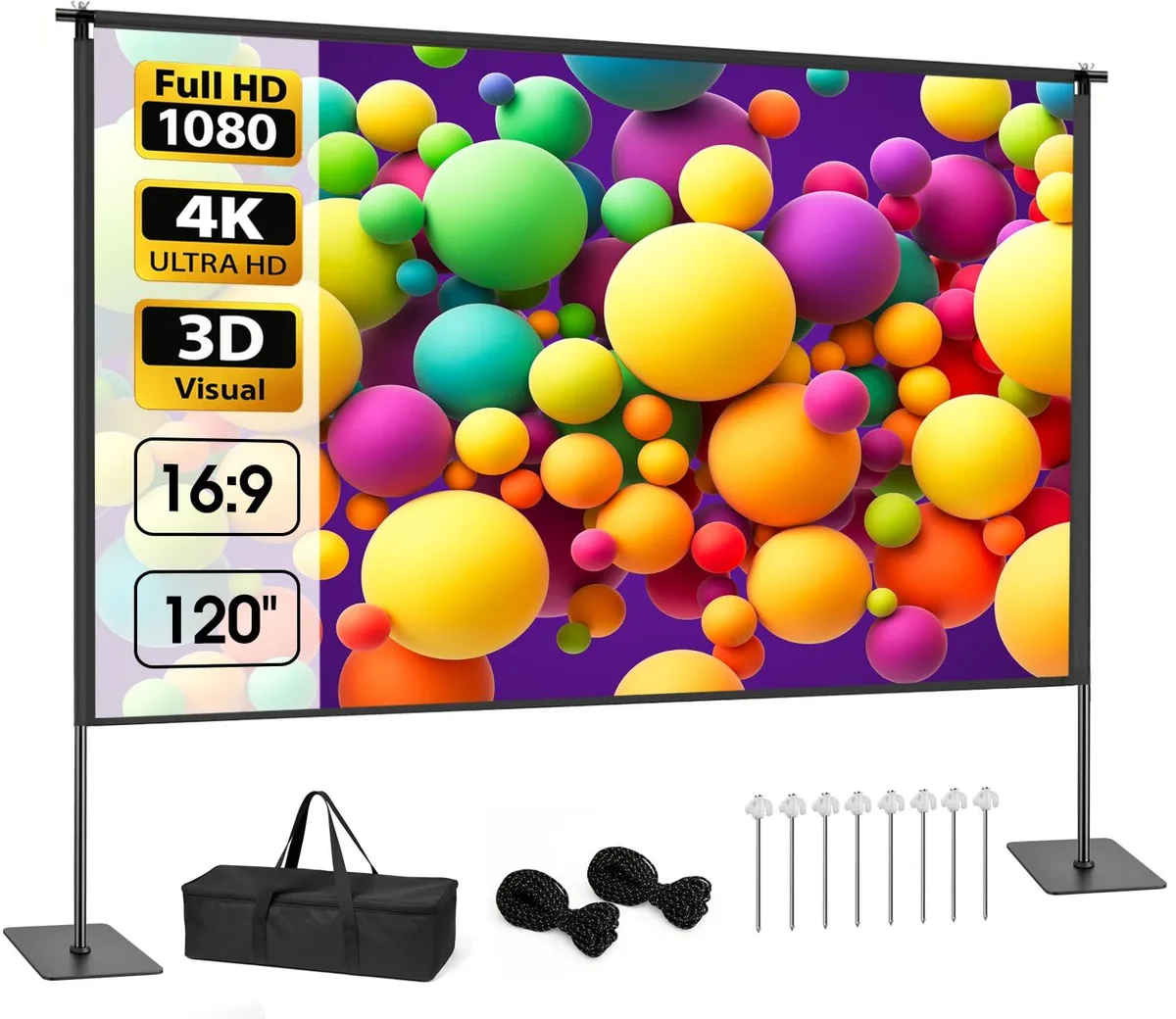 White rectangular projector screen on metal stand with carry bag