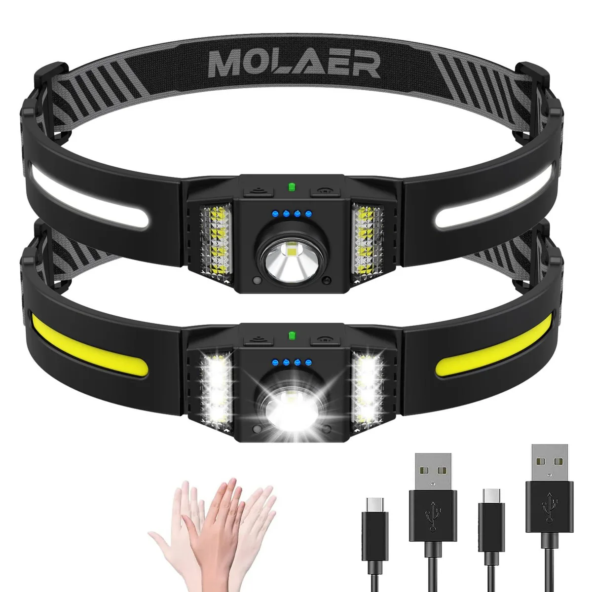 Two black LED headlamps with wide 270° beam and USB-C charging