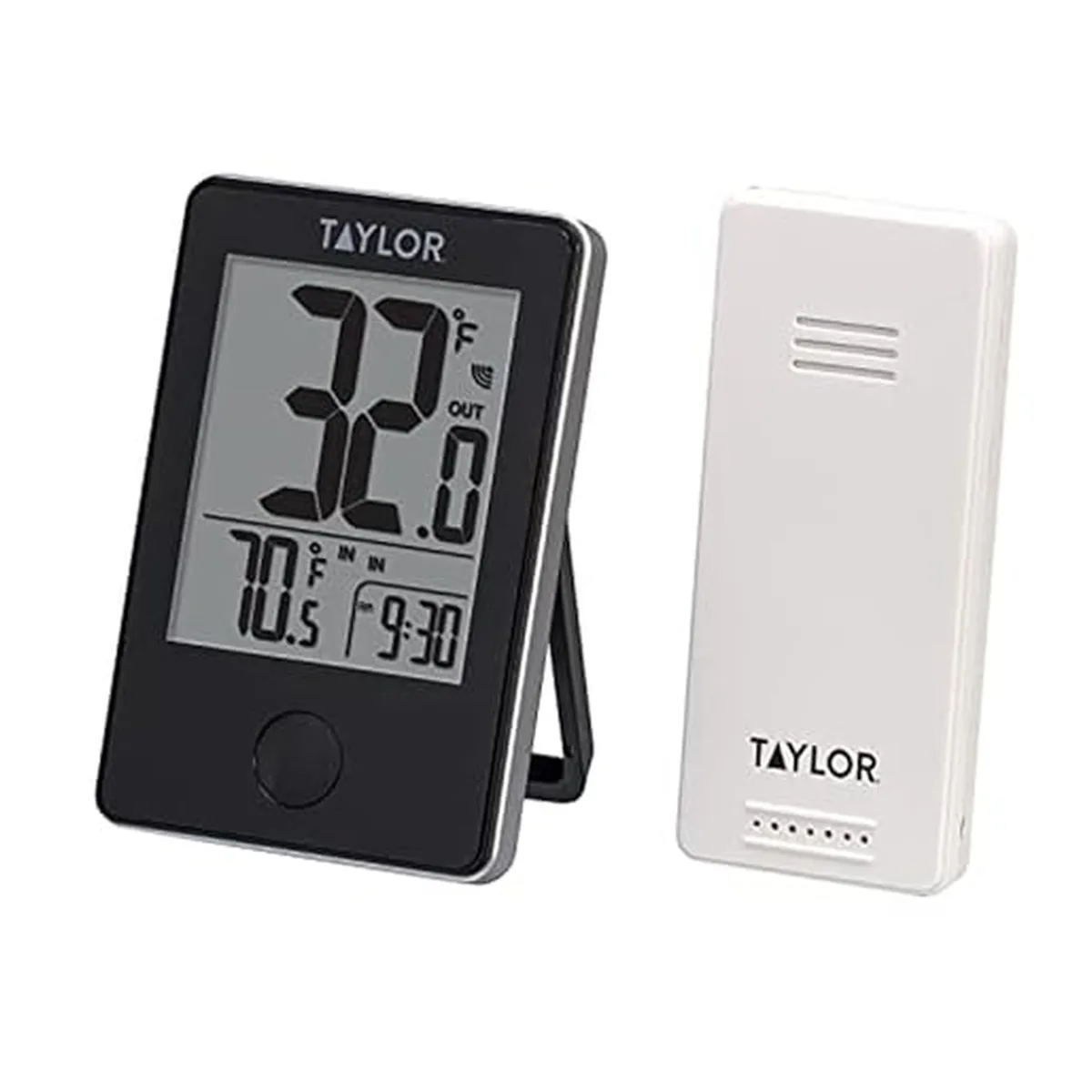 Black rectangular thermometer with large LCD display and wireless remote sensor