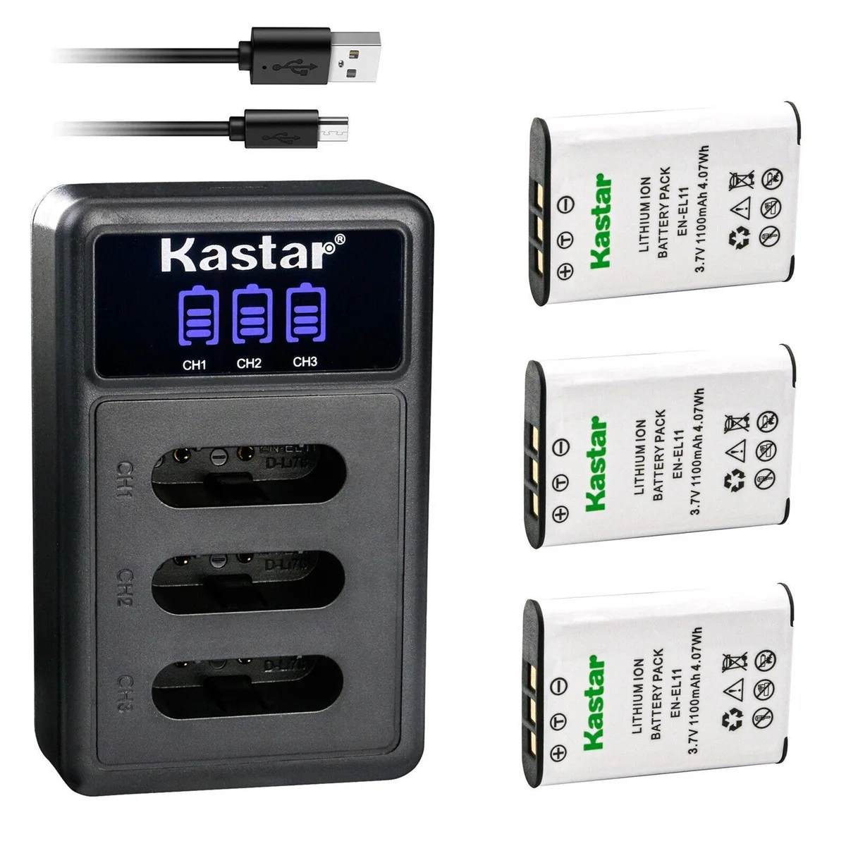 Kastar Kastar 3-pack EN-EL11 batteries + LCD triple USB charger — product photo