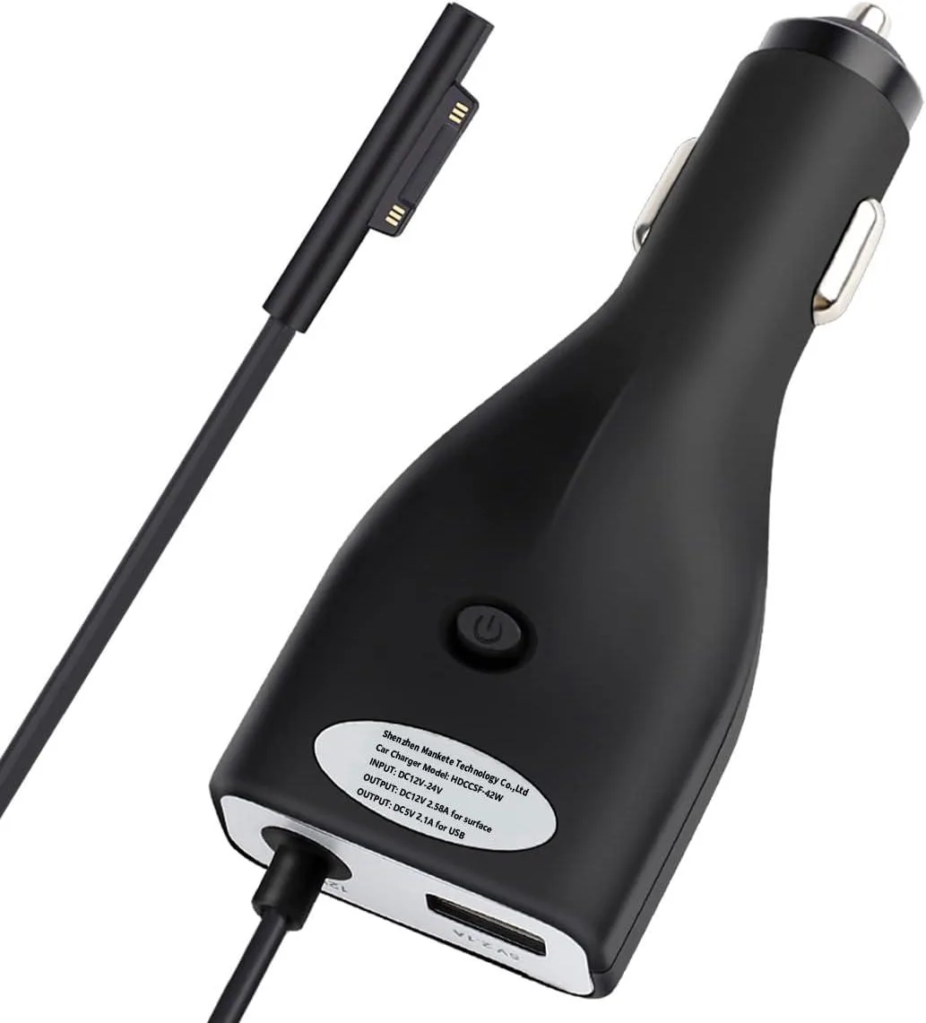 Black car charger brick with USB port and coiled cable for Microsoft Surface devices