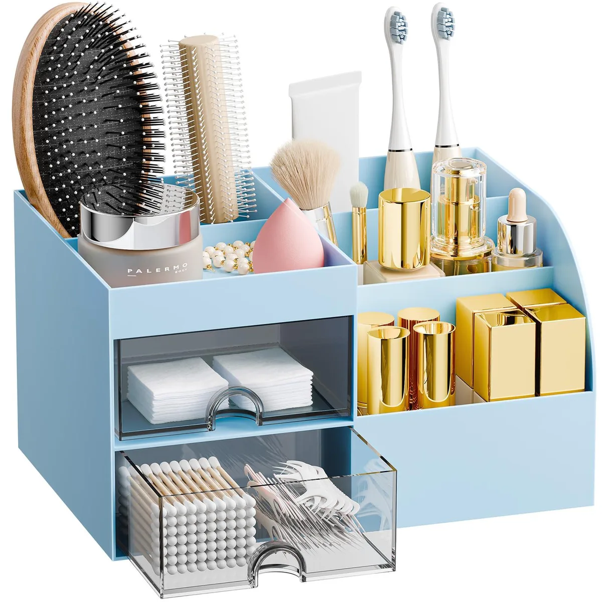  Decolav Makeup Organizer 2 Drawer Black Blue 14.33in W x 12.83in H x 9.06in D — product photo