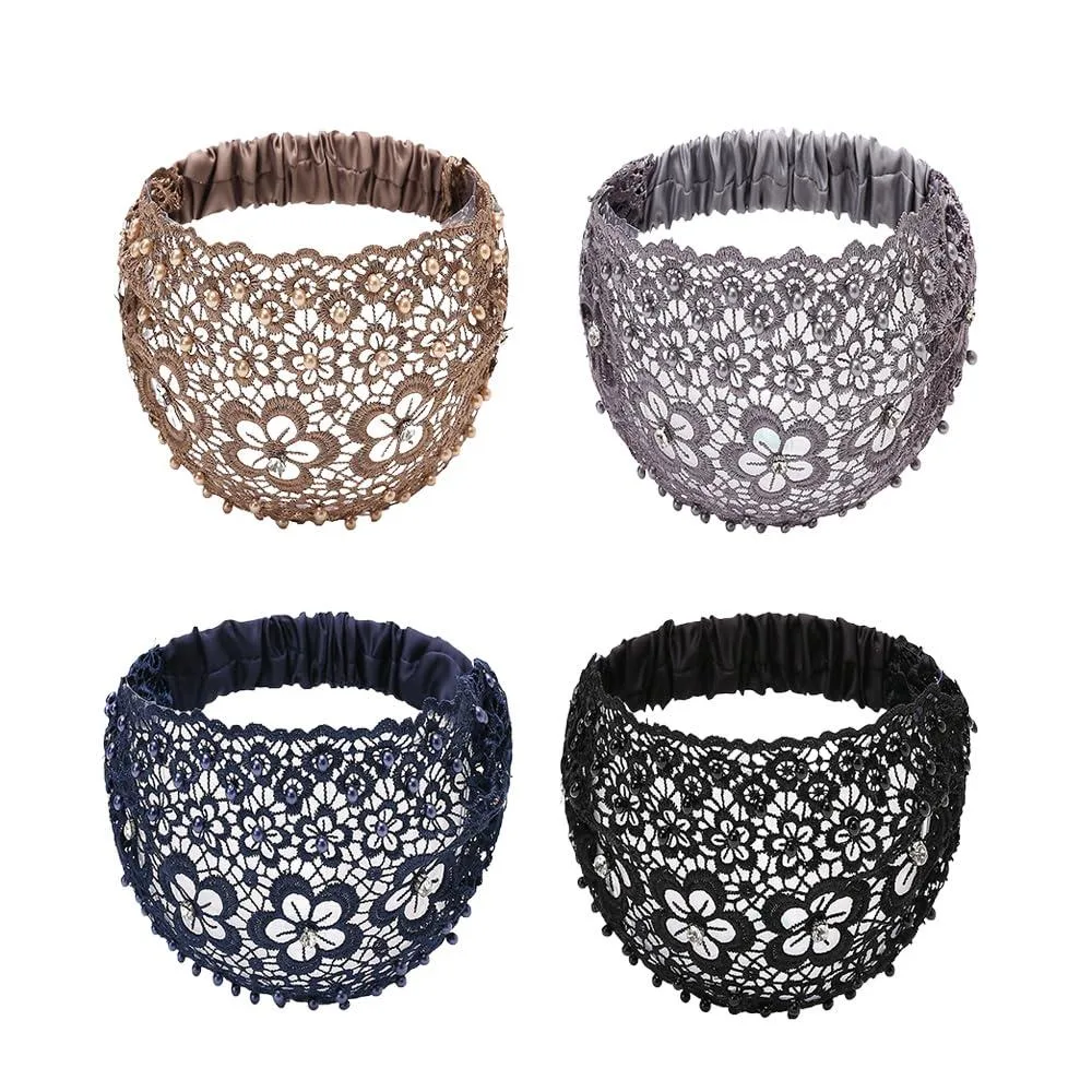  Floral Beaded Wide Headband 4pcs Set Blue Nylon — product photo