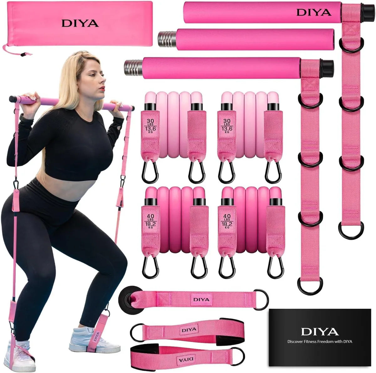 Detachable 3-section steel Pilates bar with foam grip, four latex resistance tubes, two ankle straps and carry pouch