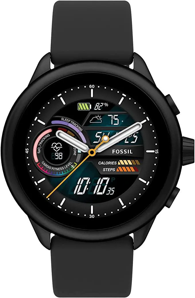 44mm round smartwatch with silicone strap, touchscreen display, silver case