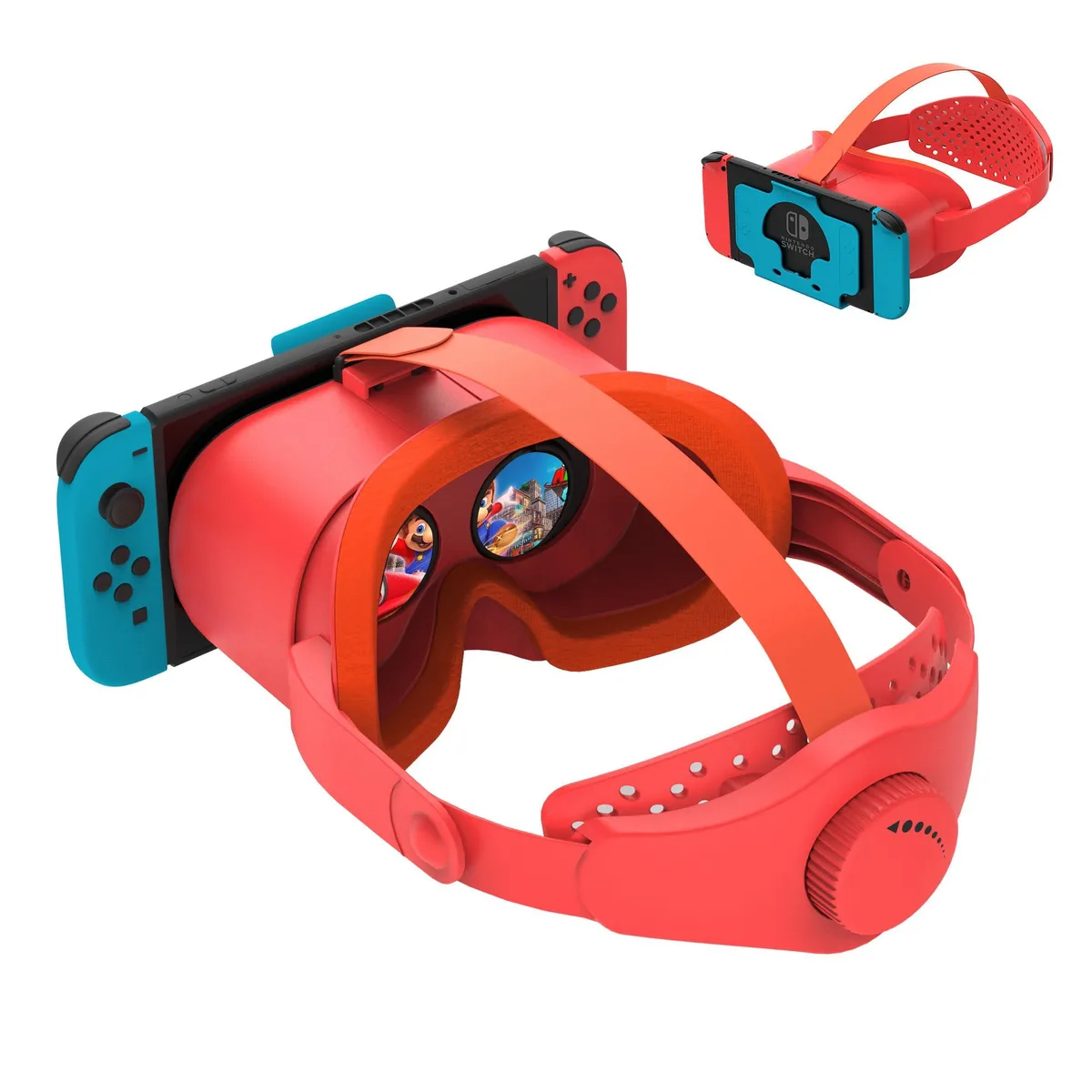 Orange and blue VR headset for Nintendo Switch with adjustable lenses and rotary strap