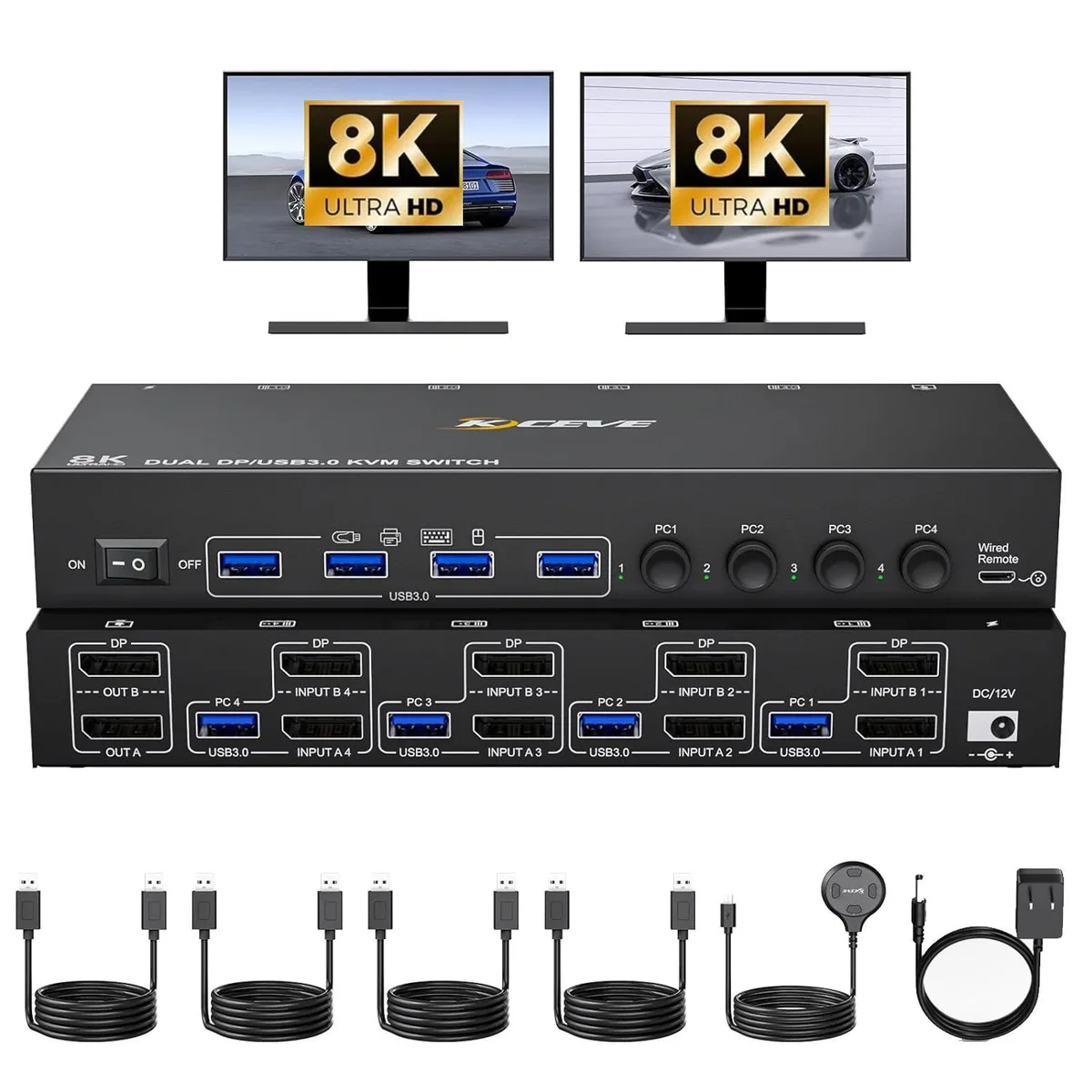 WRIARICH WRIARICH 4-Port Dual Monitor DisplayPort KVM Switch 8K@30Hz/4K@144Hz with Wired Remote — product photo