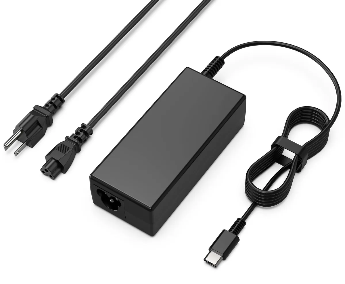 Black rectangular 65W USB-C AC adapter with detachable cord