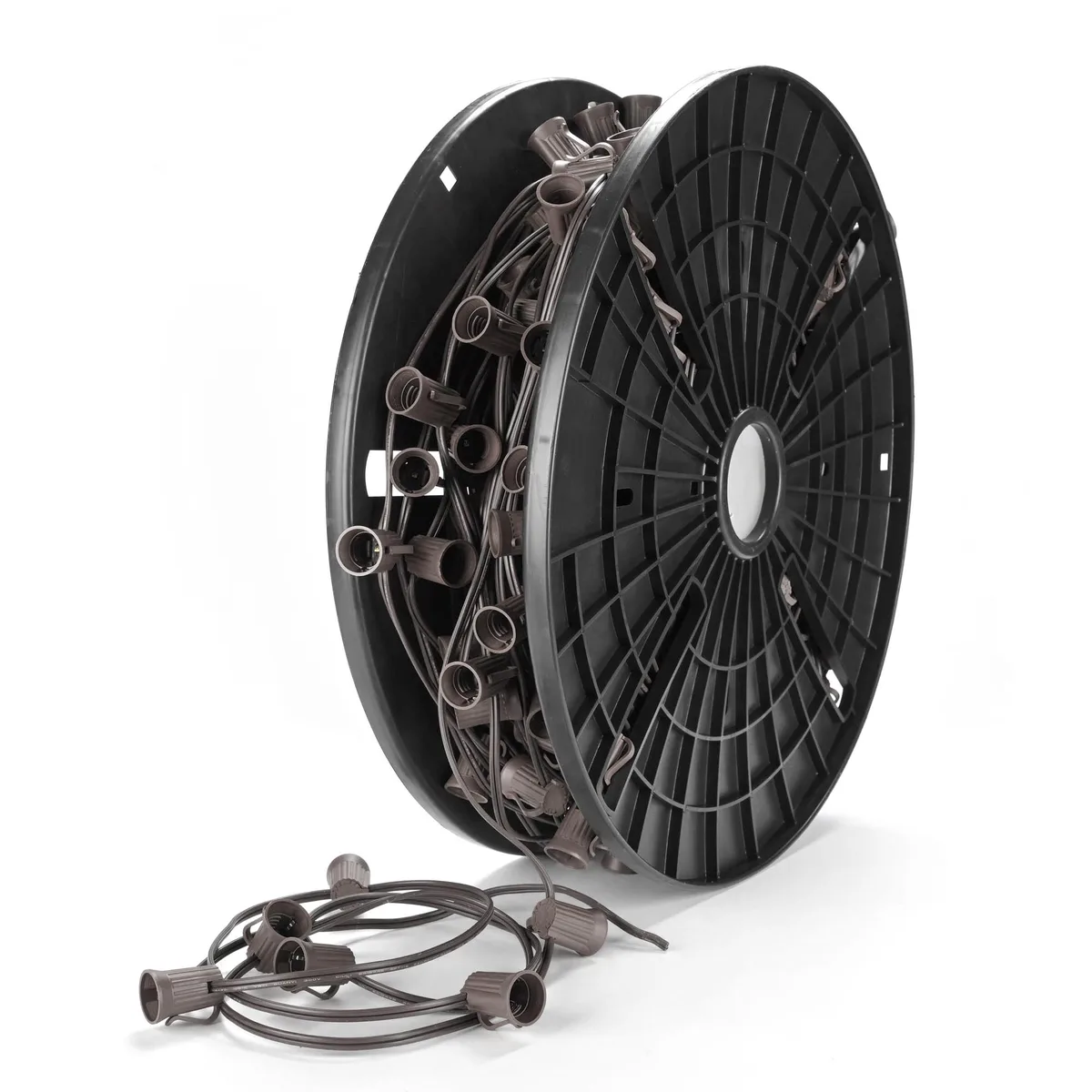 Spool of 250 ft commercial C9 string light sockets on heavy-duty cord