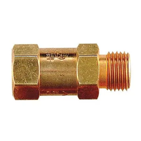 Two brass check valves with 9/16-18 UNF fittings, left and right hand threads
