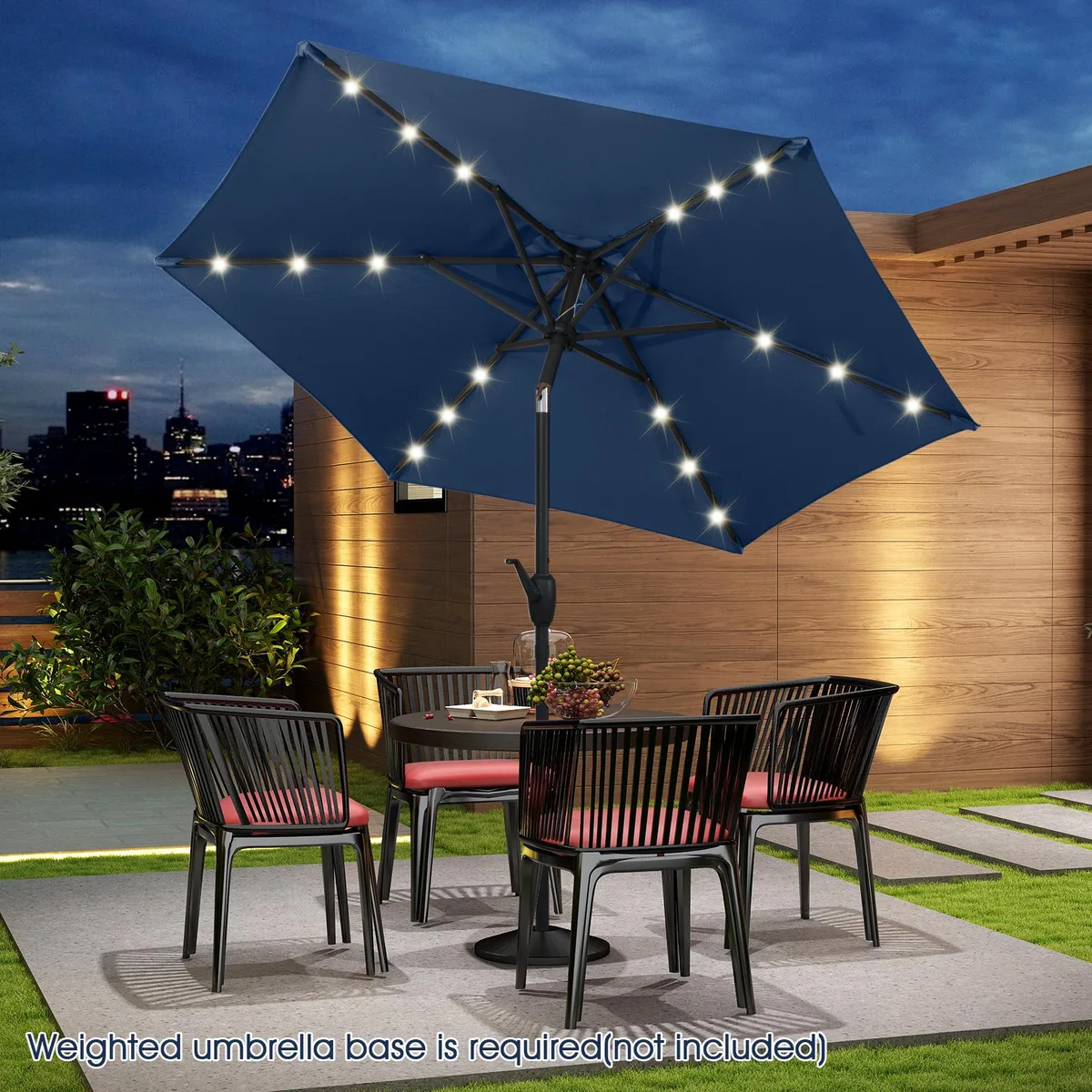 Navy 7.5 ft solar patio umbrella with LED lights and crank handle