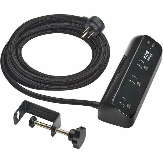 Tripp Lite Tripp Lite TLP310U30CLAMPB surge protector 3 outlets 2 USB-C 900 J 30W PD desk clamp 10 ft cord — product photo