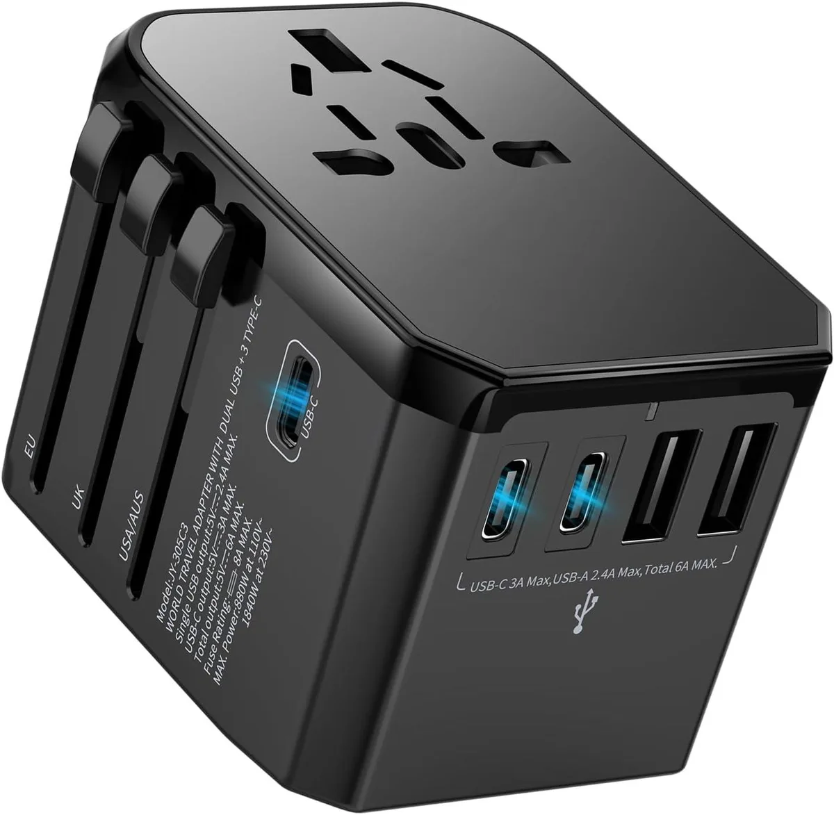 BFKK BFKK Universal Travel Adapter 3 USB-C 2 USB-A AC Outlet 100-250V — product photo