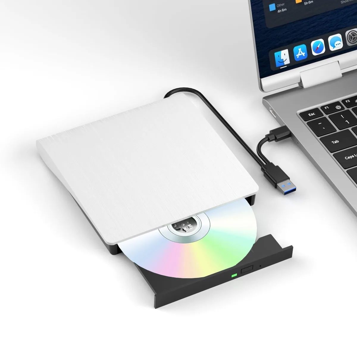 White external Blu-ray drive with USB-C and USB 3.0 cables