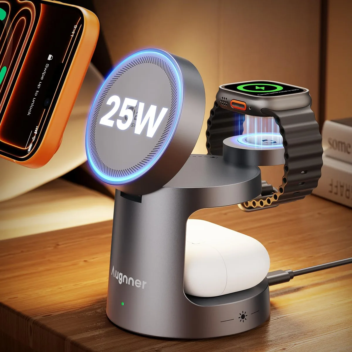 Foldable white 3-in-1 wireless charger with magnetic phone pad, Apple Watch puck, AirPods base and night light