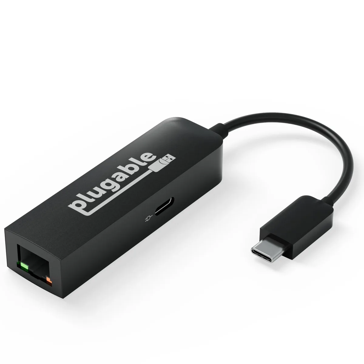 Compact USB-C dongle with Ethernet port and pass-through charging port
