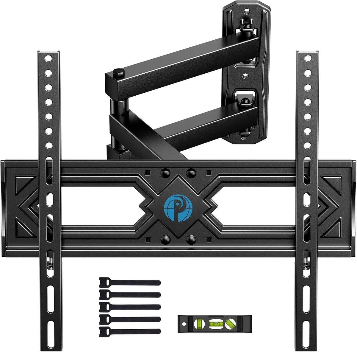 Black full-motion TV wall mount with dual articulating arms, folded flat against mounting plate