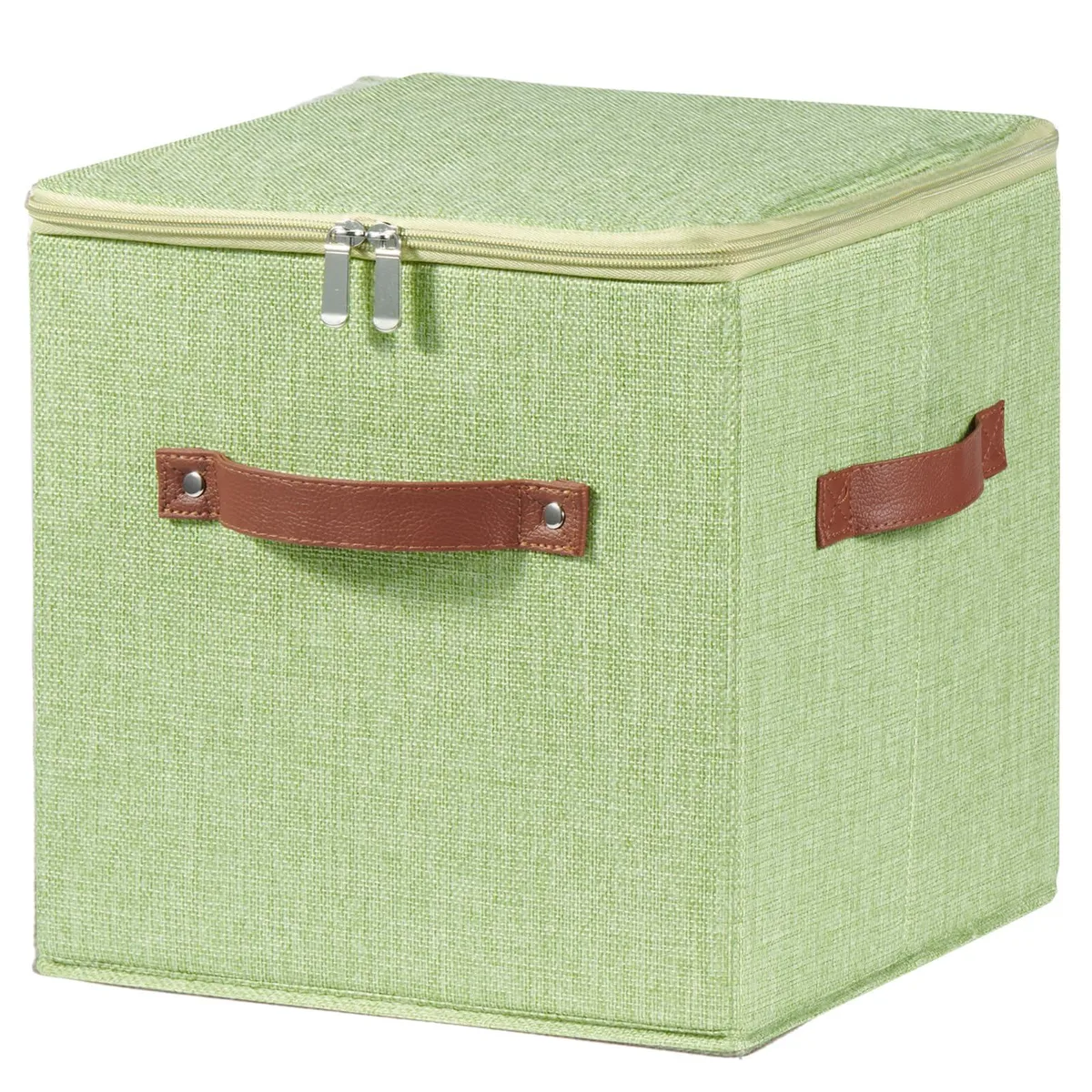 Green 11 inch fabric storage cube with zipper lid and faux leather handles