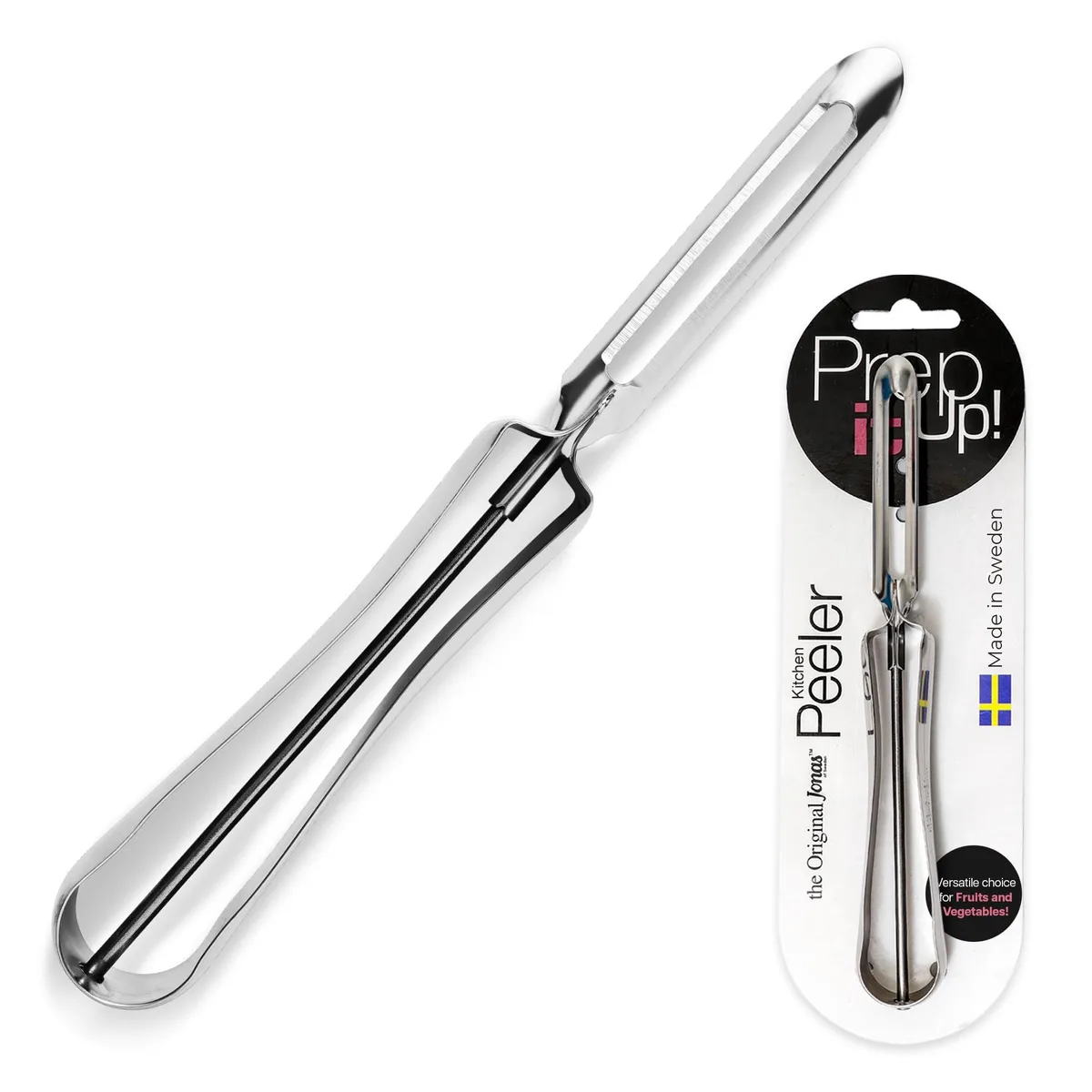 Silver stainless steel vegetable peeler with slim ergonomic handle 6.5in long